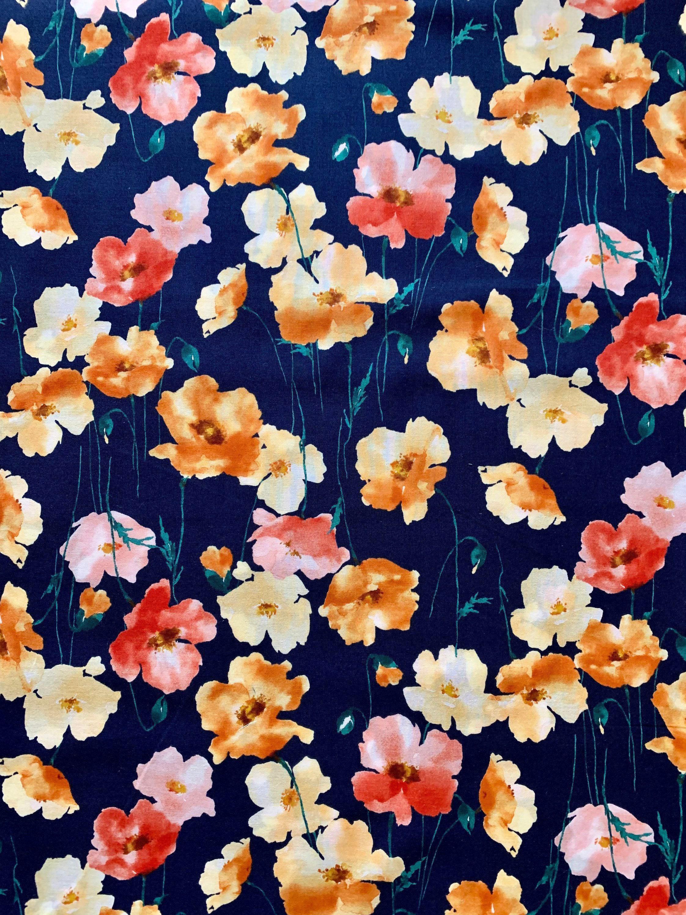 Kokka - Watercolor Poppies Cotton Lawn - Navy Blue Peach