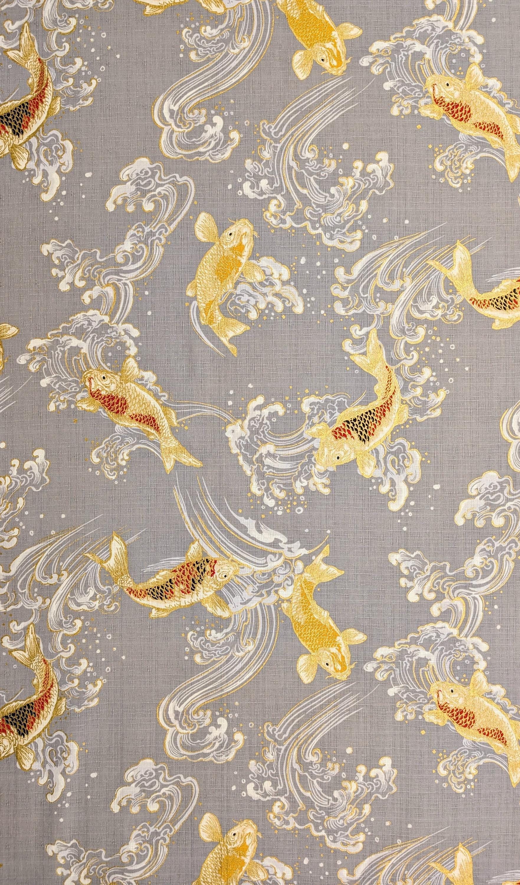 Swimming Golden Koi Hokkoh Japanese cotton dobby fabric 1025-100-2 B gray