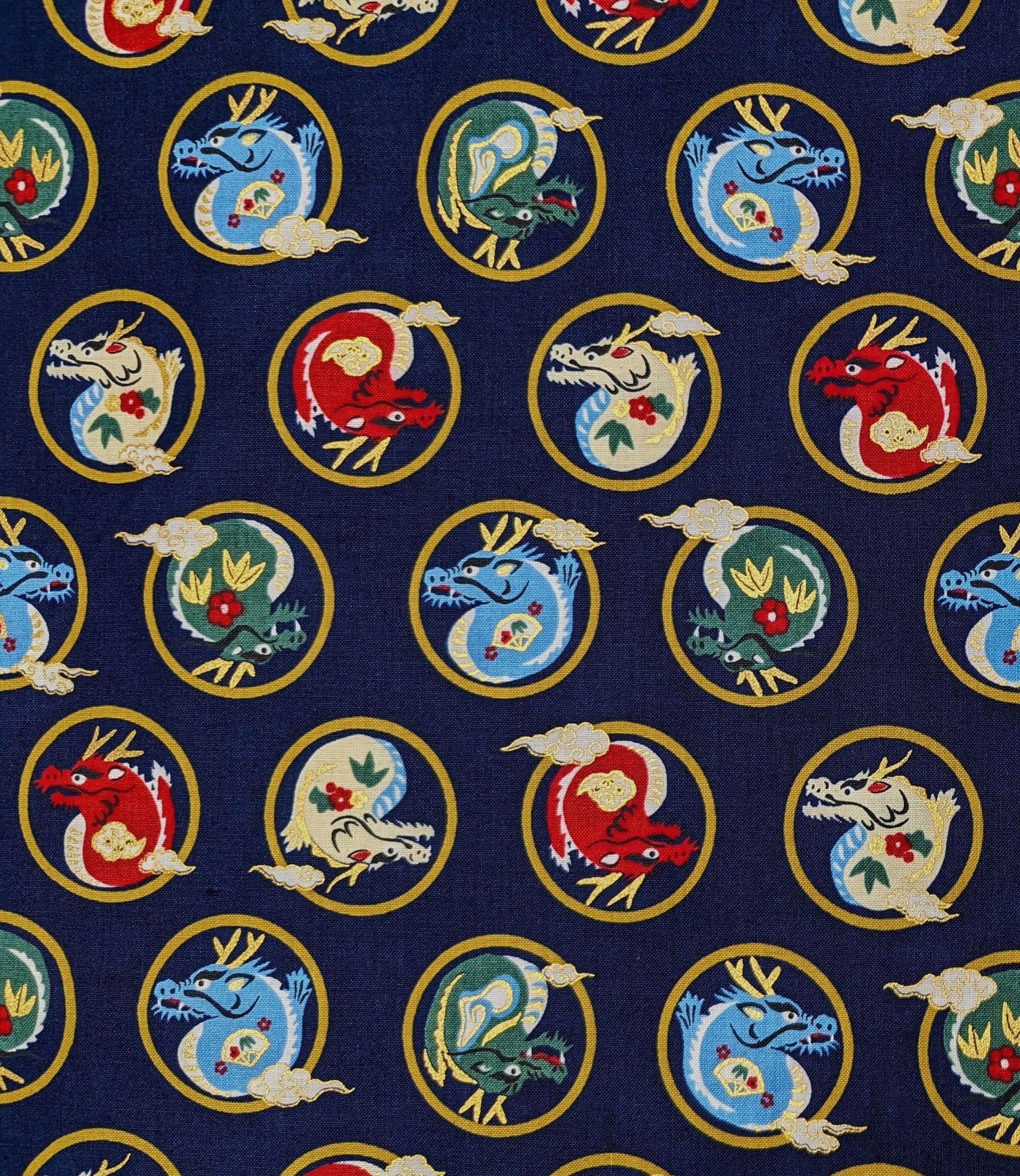 Hokkoh - Little Dragons Cotton Fabric - Navy Blue