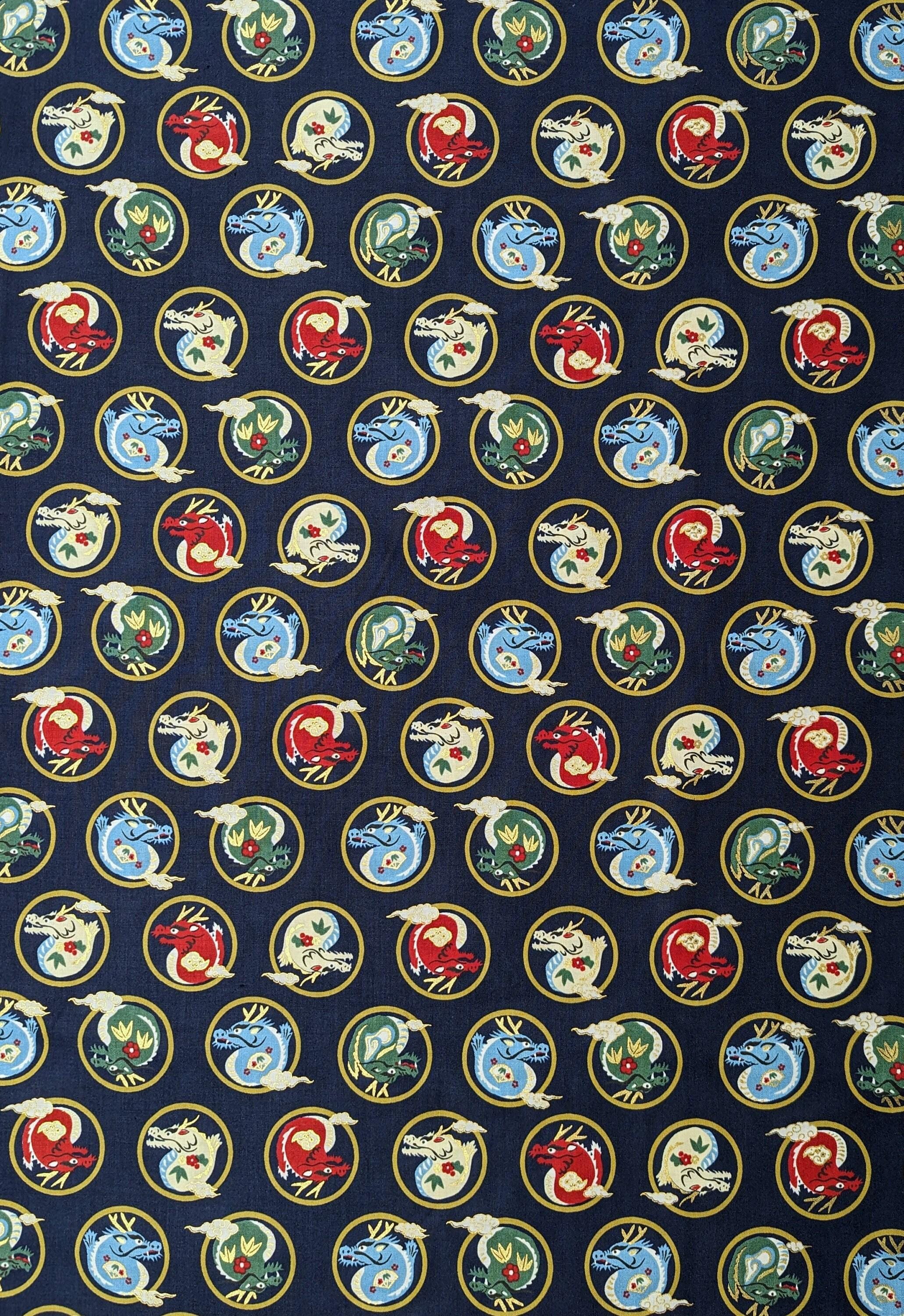 Hokkoh - Little Dragons Cotton Fabric - Navy Blue
