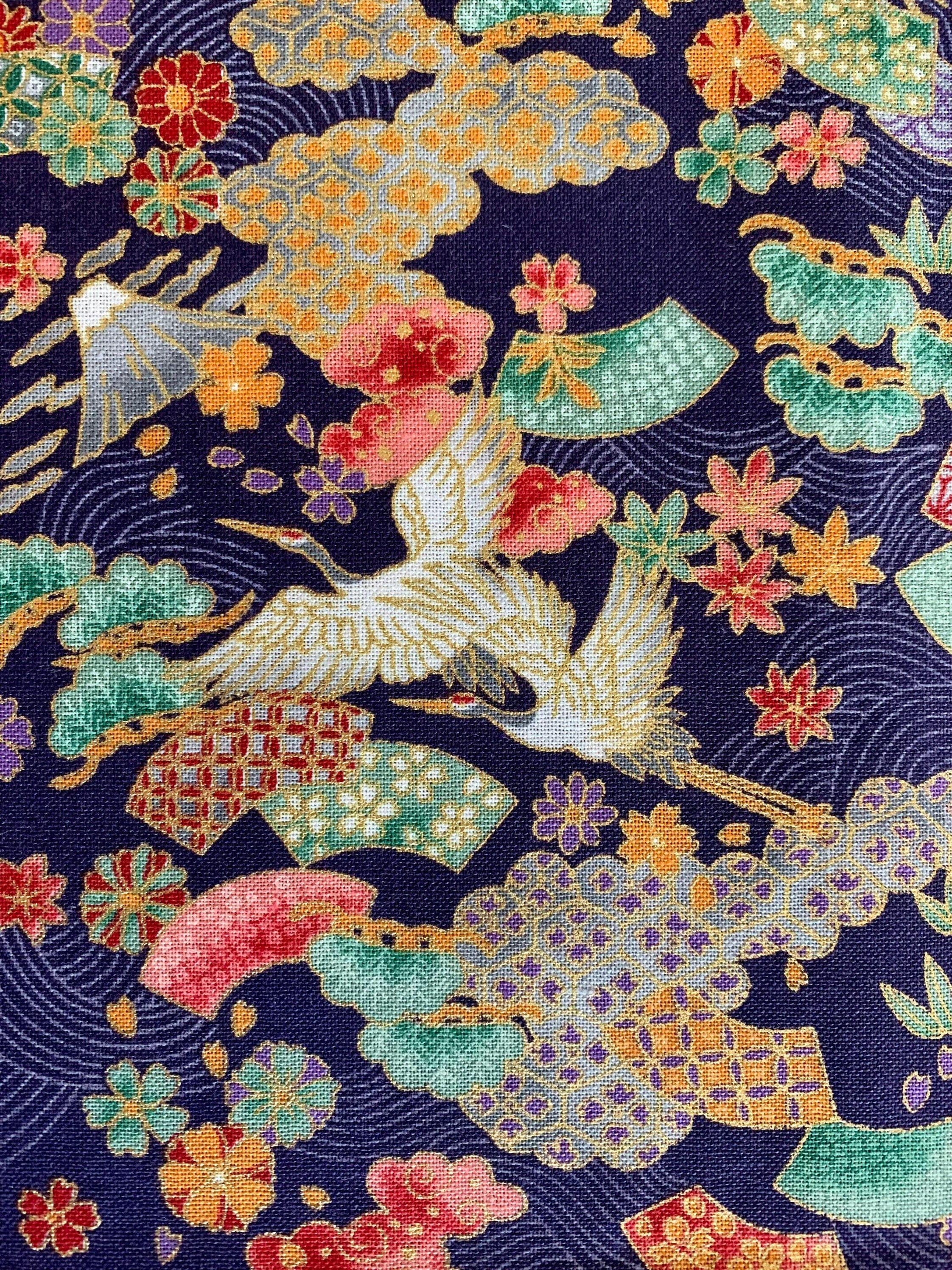 Naka - Cranes and Fans Cotton Fabric - Purple Gold