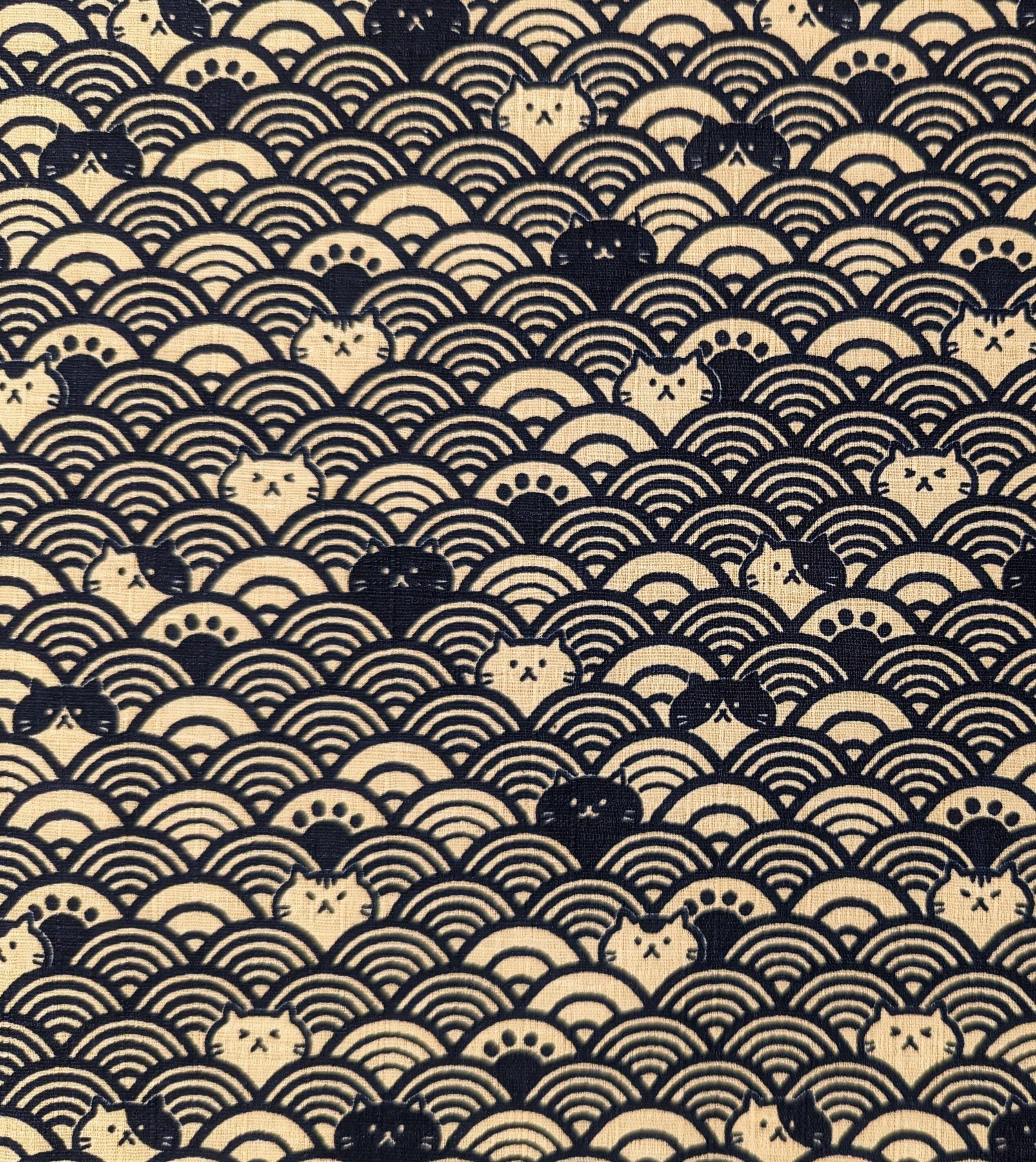 Cosmo - Waves with Cats Cotton Dobby - Navy Blue