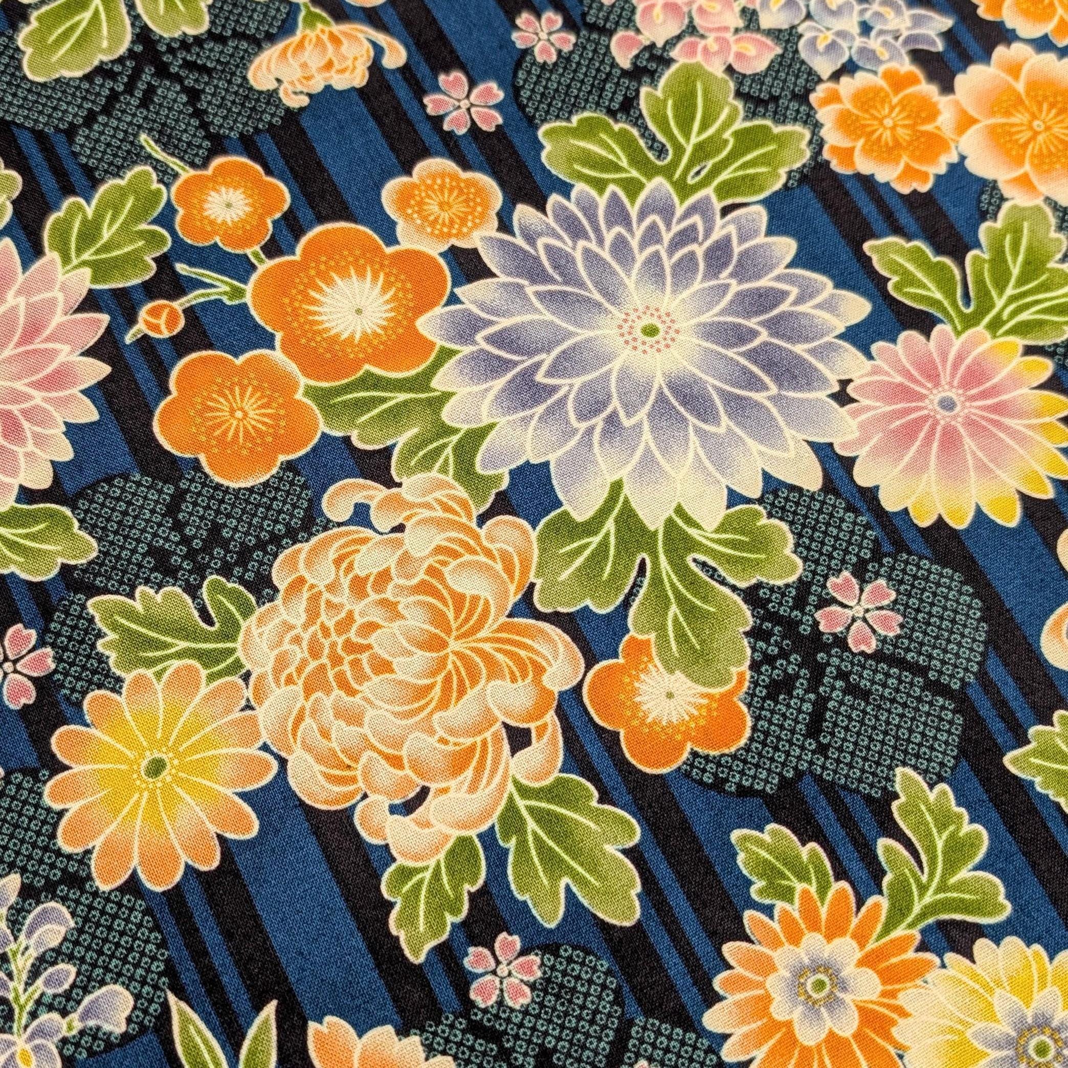 Sevenberry - Striped Shibori Flowers Cotton Fabric - Blue