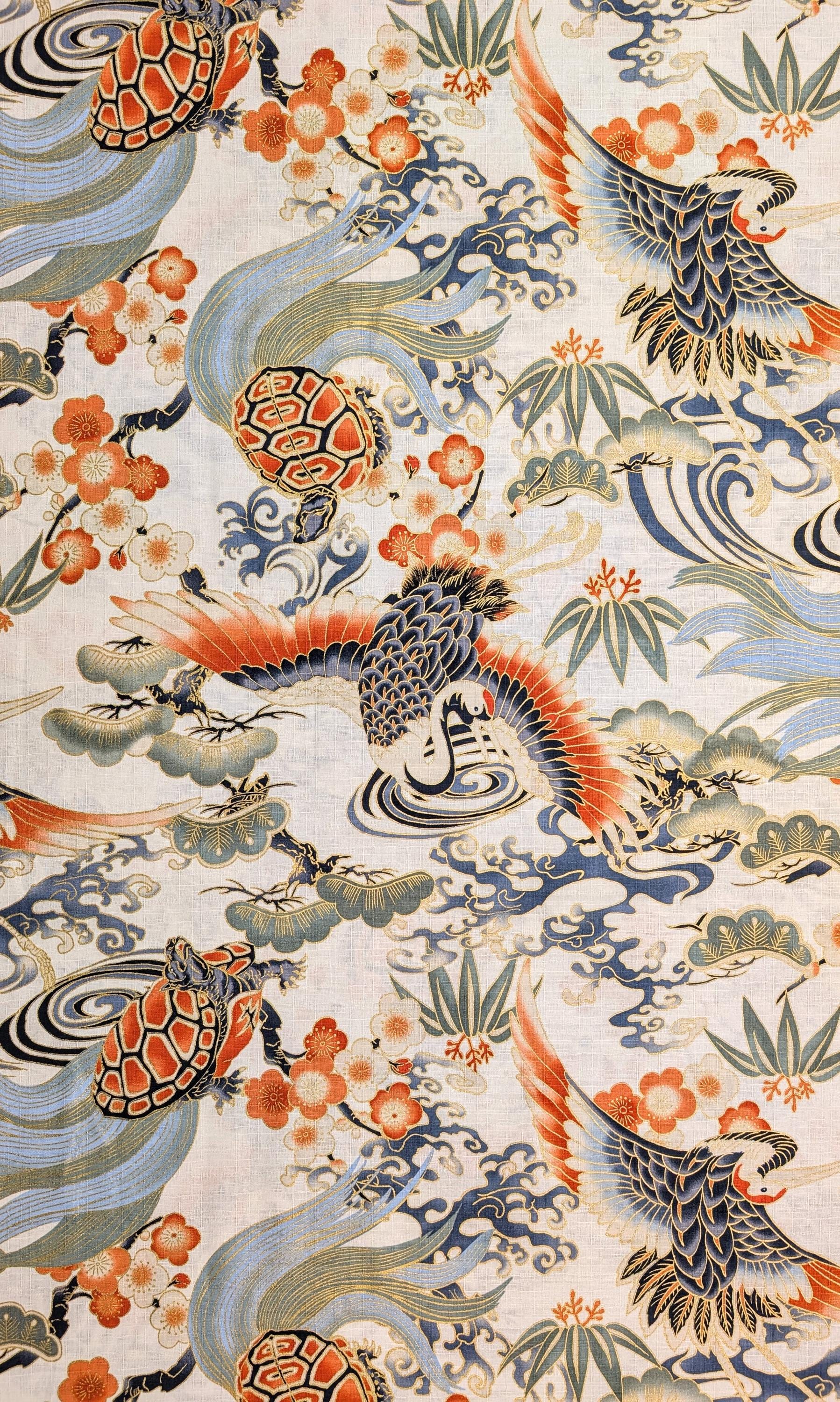 NEW Golden Crane & Minogame Hokkoh Japanese cotton dobby fabric 1025-100-5 A white