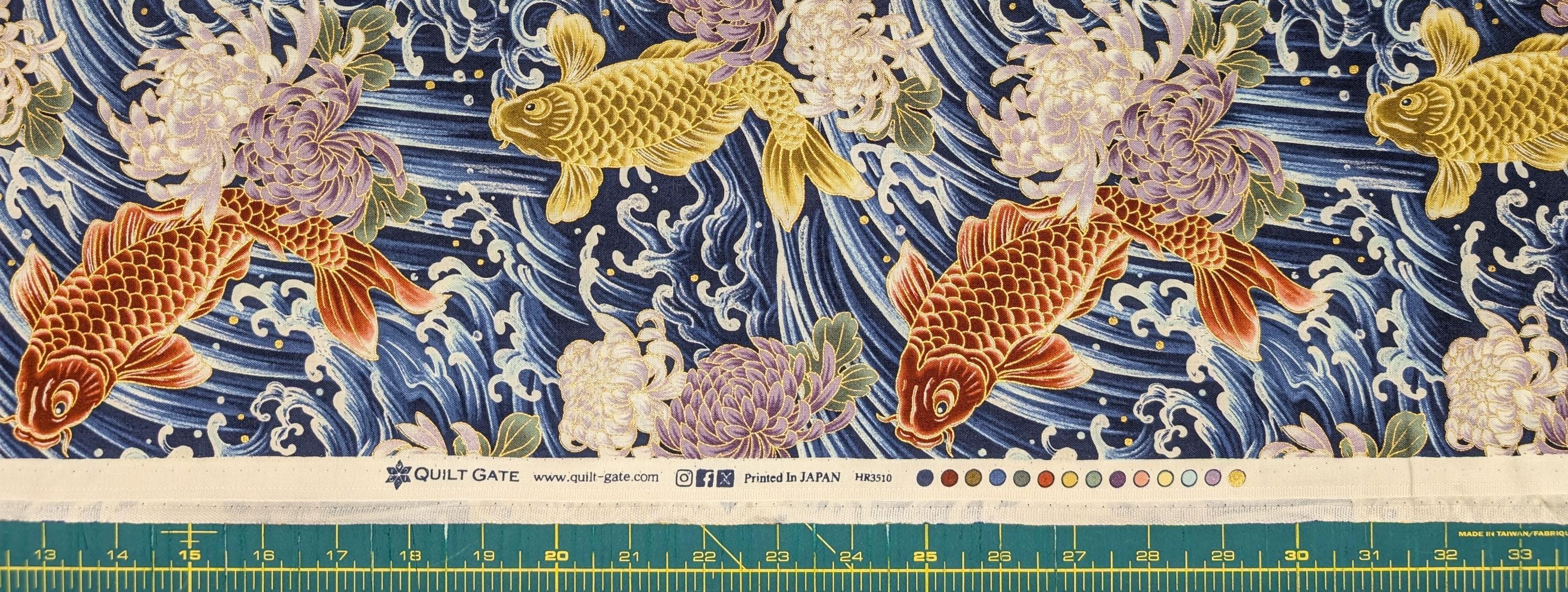 QuiltGate - Hyakka Ryoran Koi and Chrysanthemum Cotton Fabric - Blue