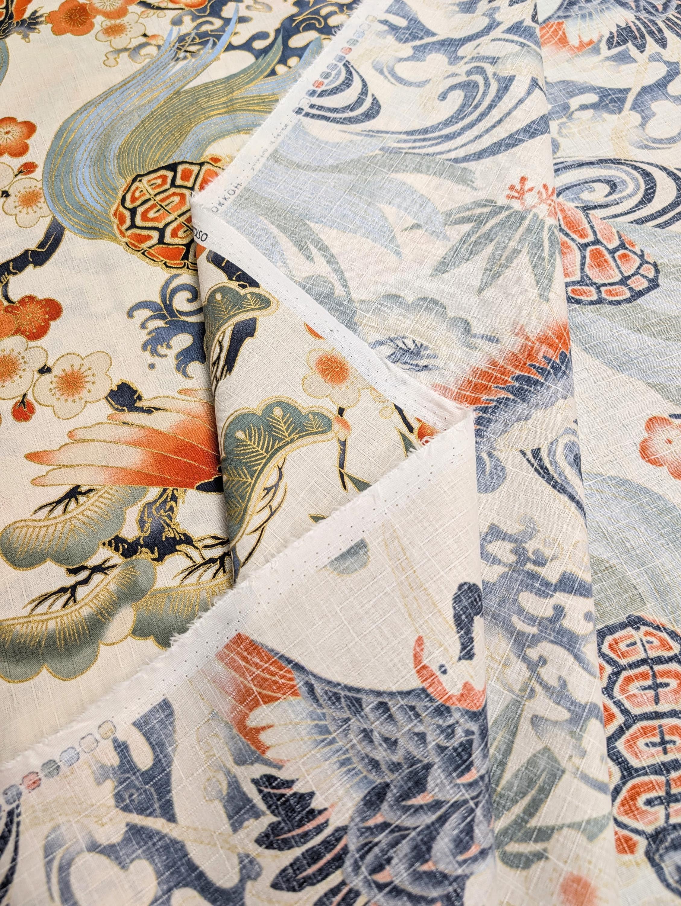 NEW Golden Crane & Minogame Hokkoh Japanese cotton dobby fabric 1025-100-5 A white