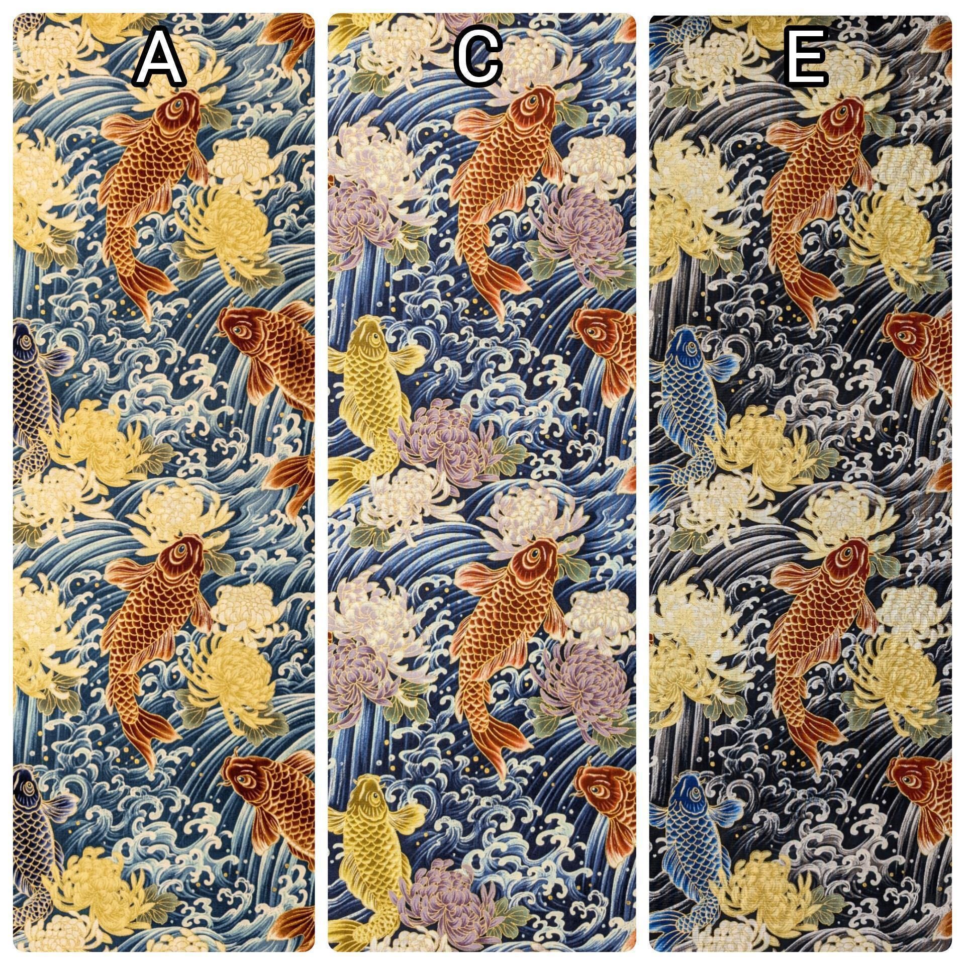 QuiltGate - Hyakka Ryoran Koi and Chrysanthemum Cotton Fabric - Blue