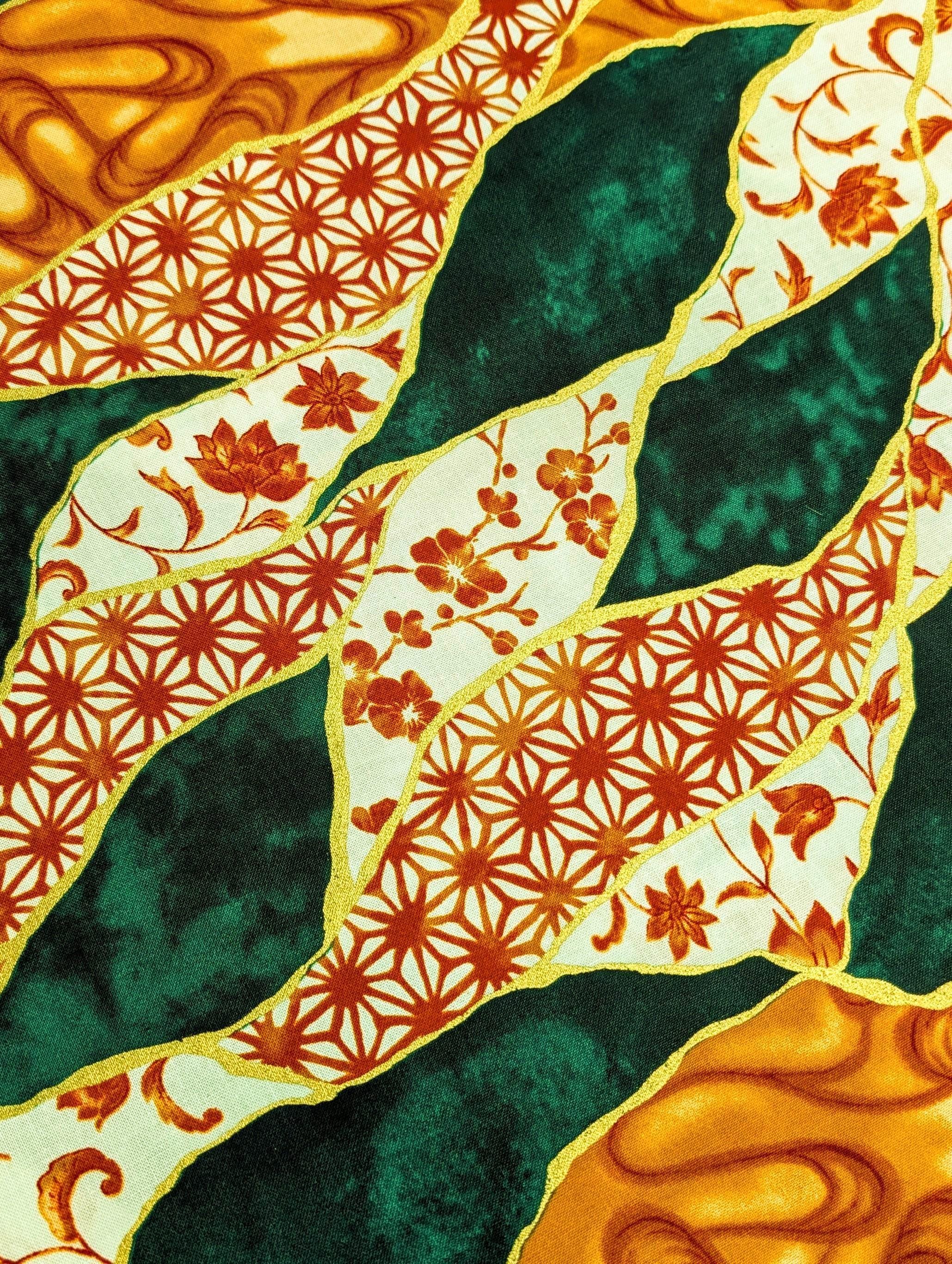 Senyo - Patterned Golden Kintsugi Cotton Fabric - Green and Orange