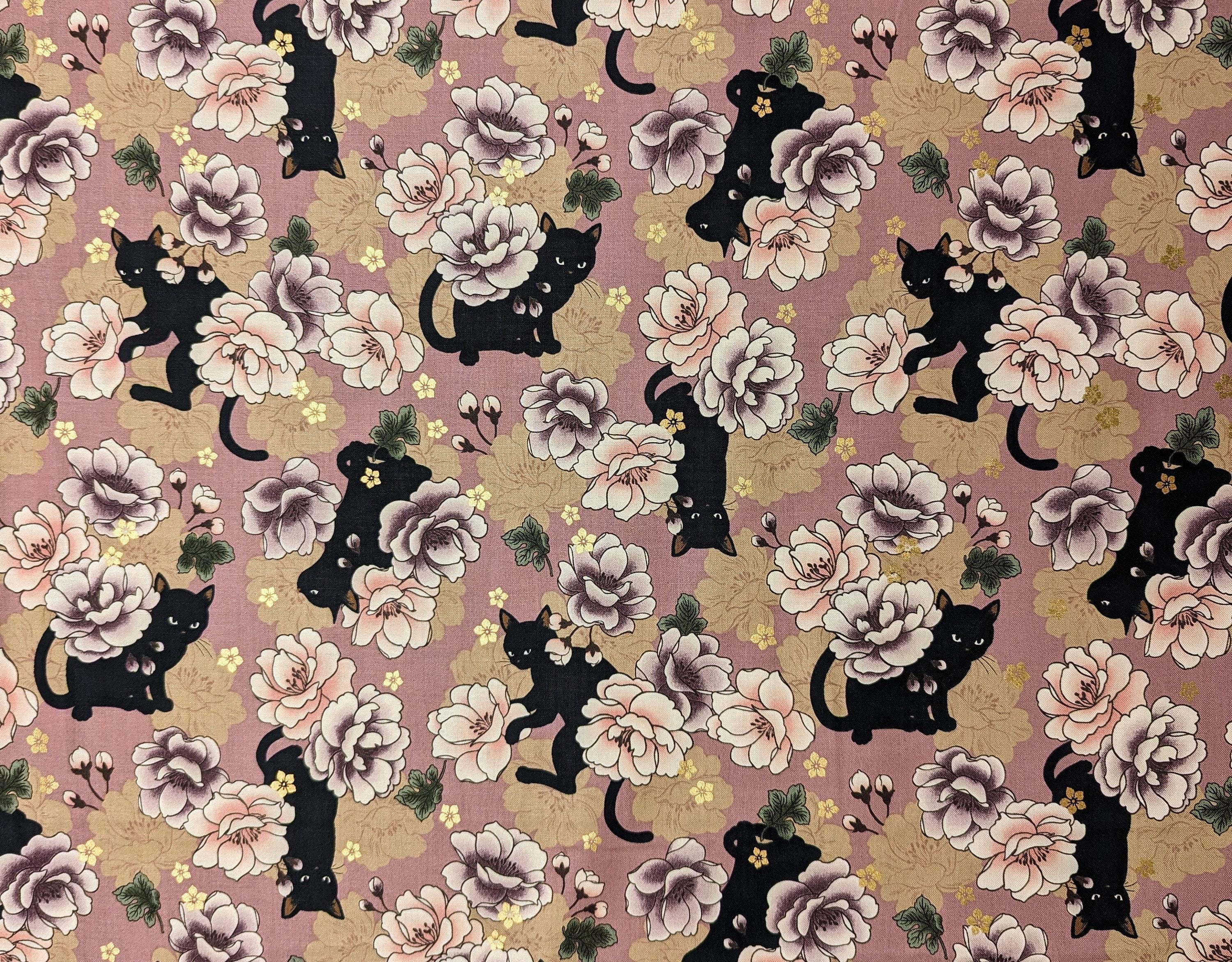 QuiltGate - Hyakka Ryoran Blossoming Cats Cotton Fabric - Pink