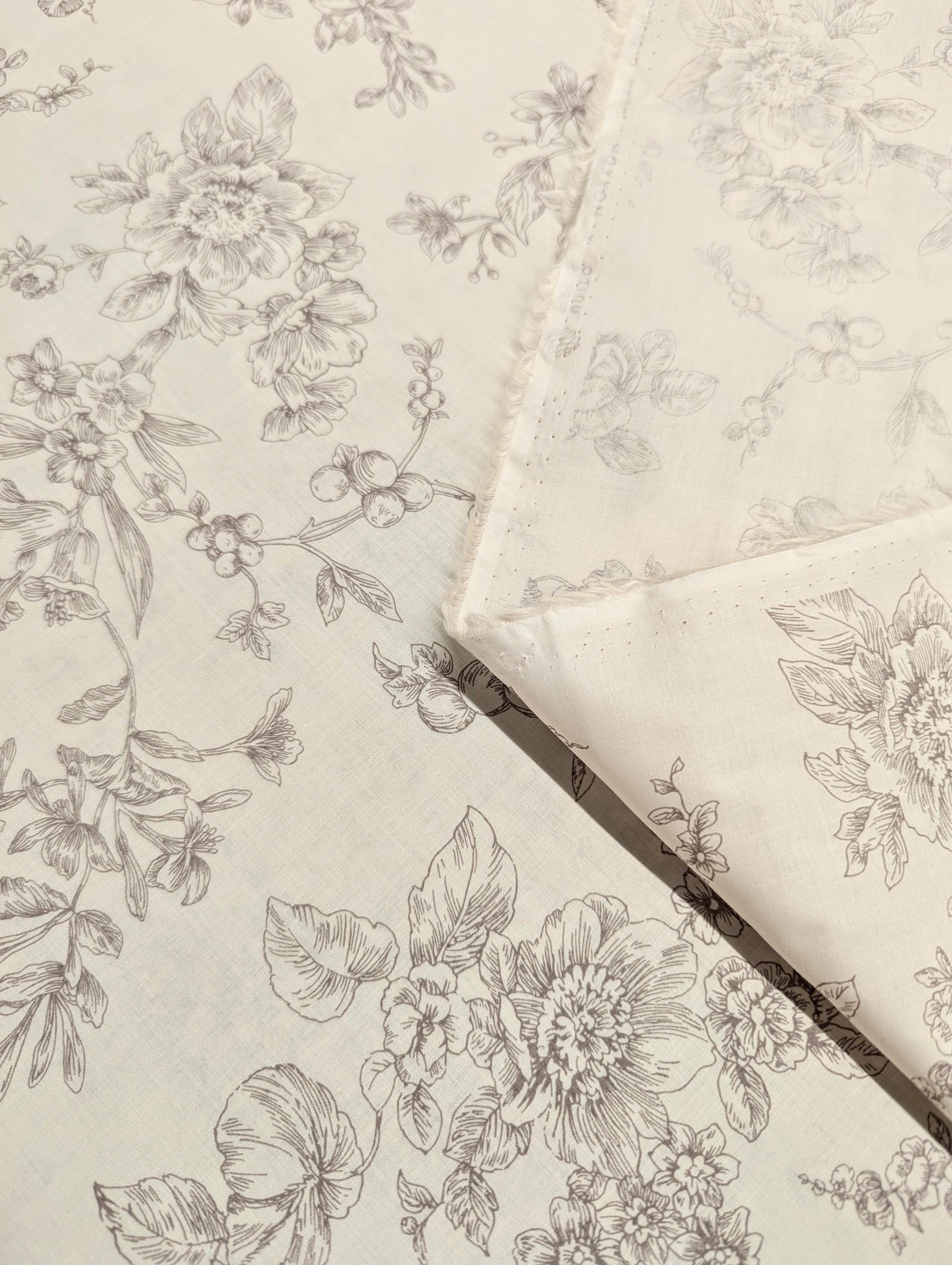 Hokkoh - Botanical Filigree Cotton Lawn - White and Gray