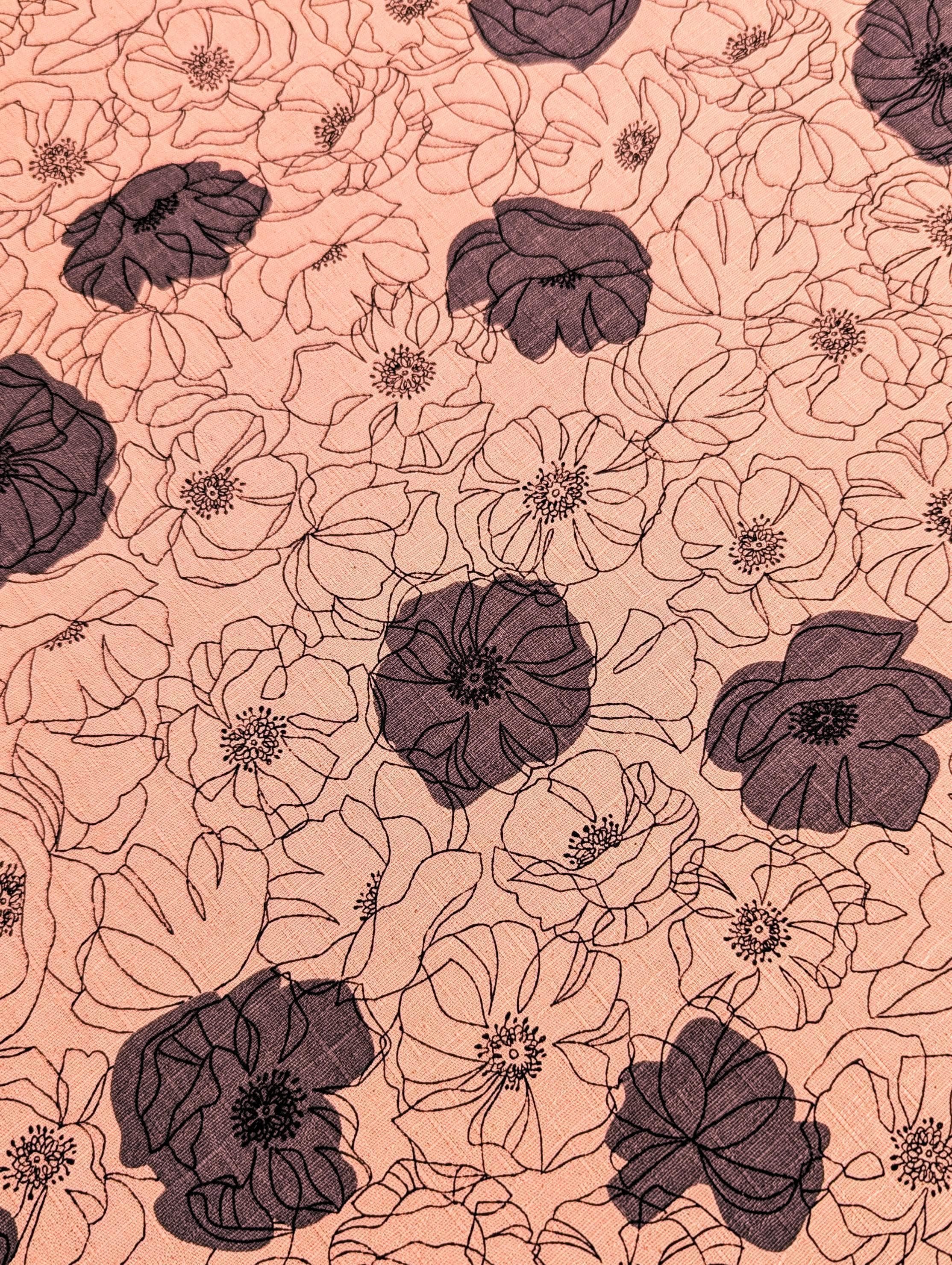 Koizumi - Line Art Poppies Cotton Dobby - Pink and Gray