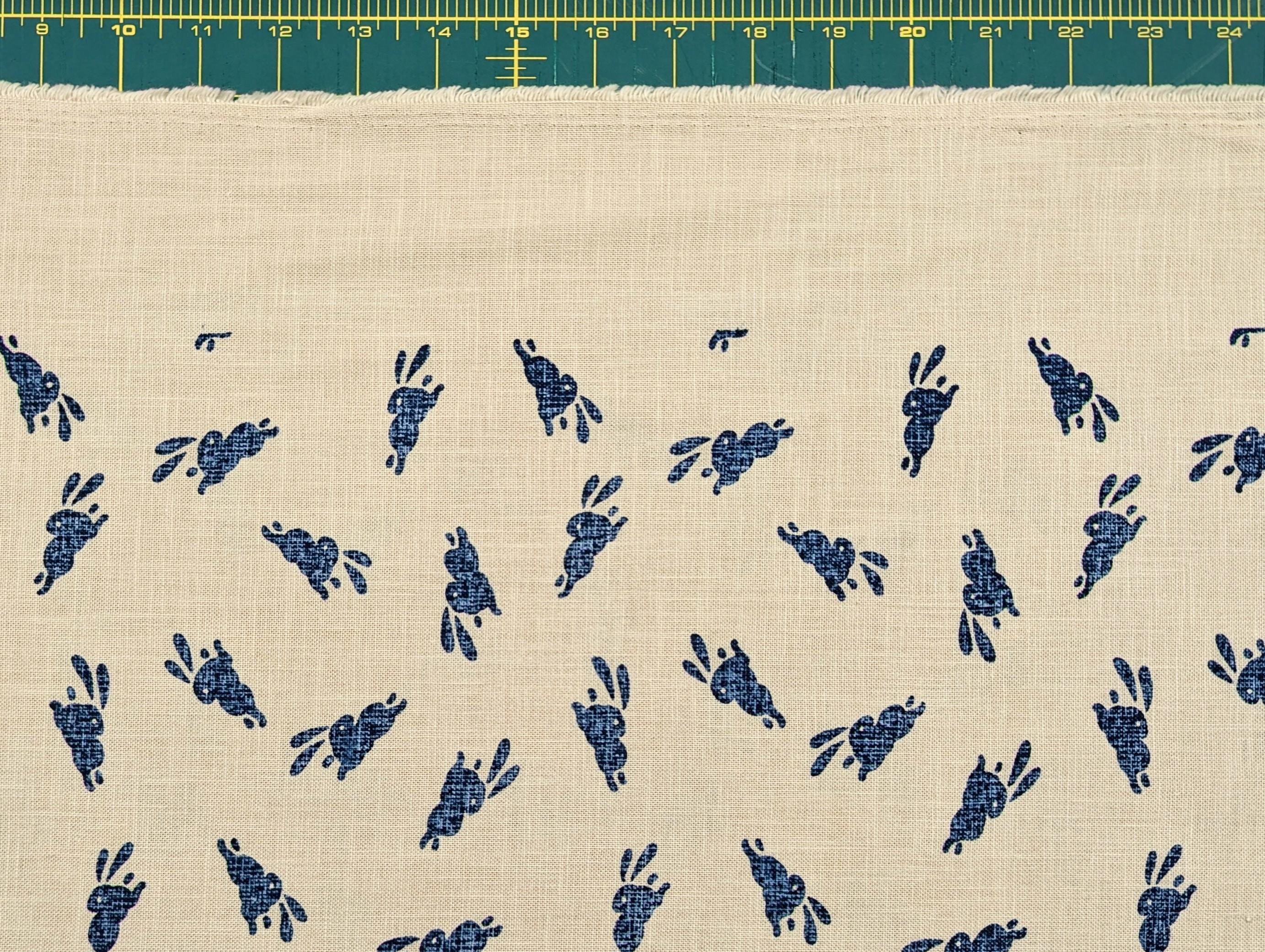Kurenai - Hand Stenciled Bounding Rabbits Cotton - Blue Off-White