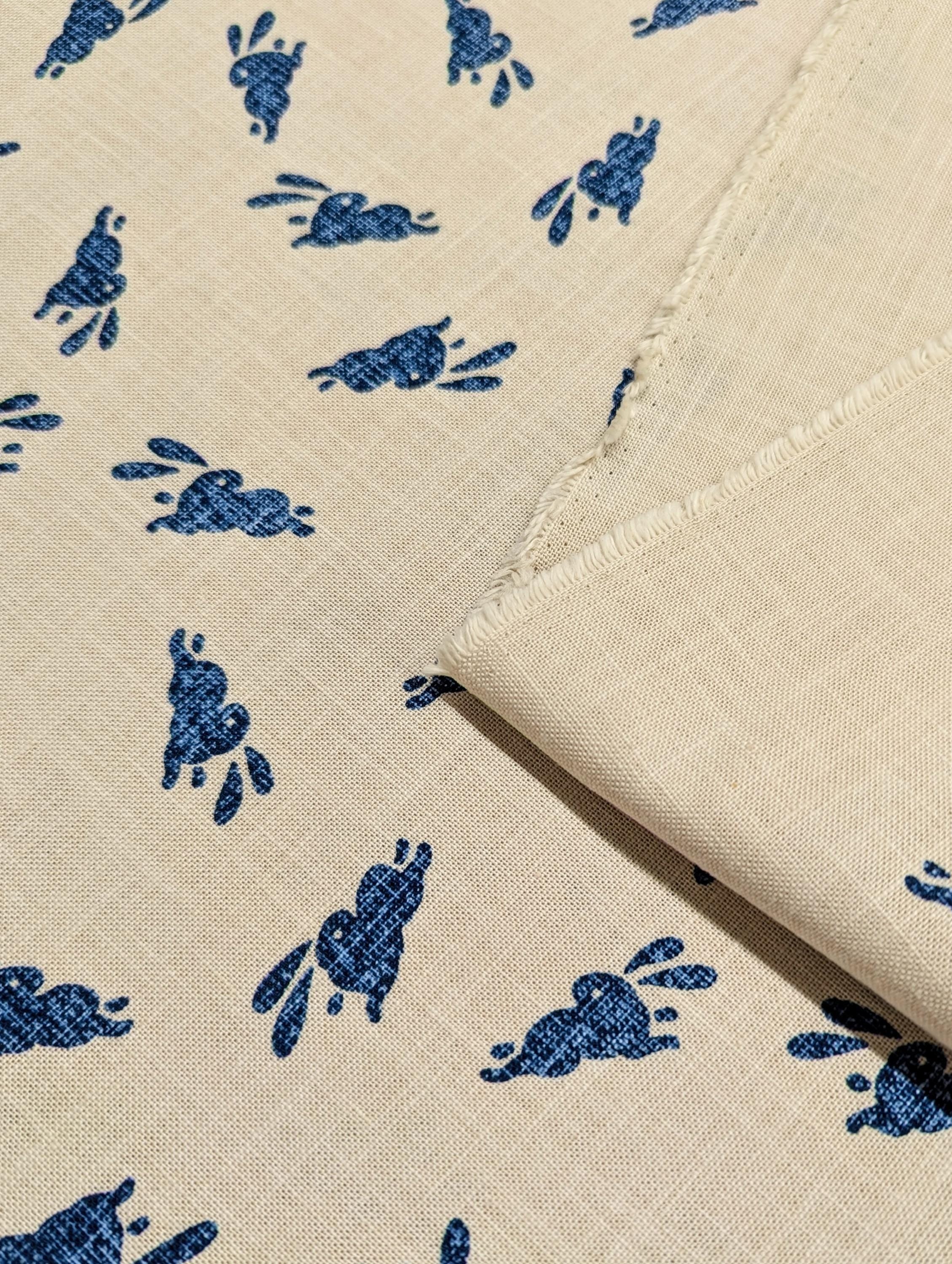 Kurenai - Hand Stenciled Bounding Rabbits Cotton - Blue Off-White