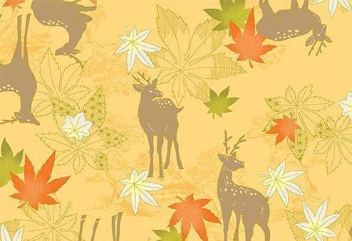 QuiltGate - Hyakka Ryoran Deer and Maple Leaf Cotton Fabric - Custard Orange Yellow Green Gold