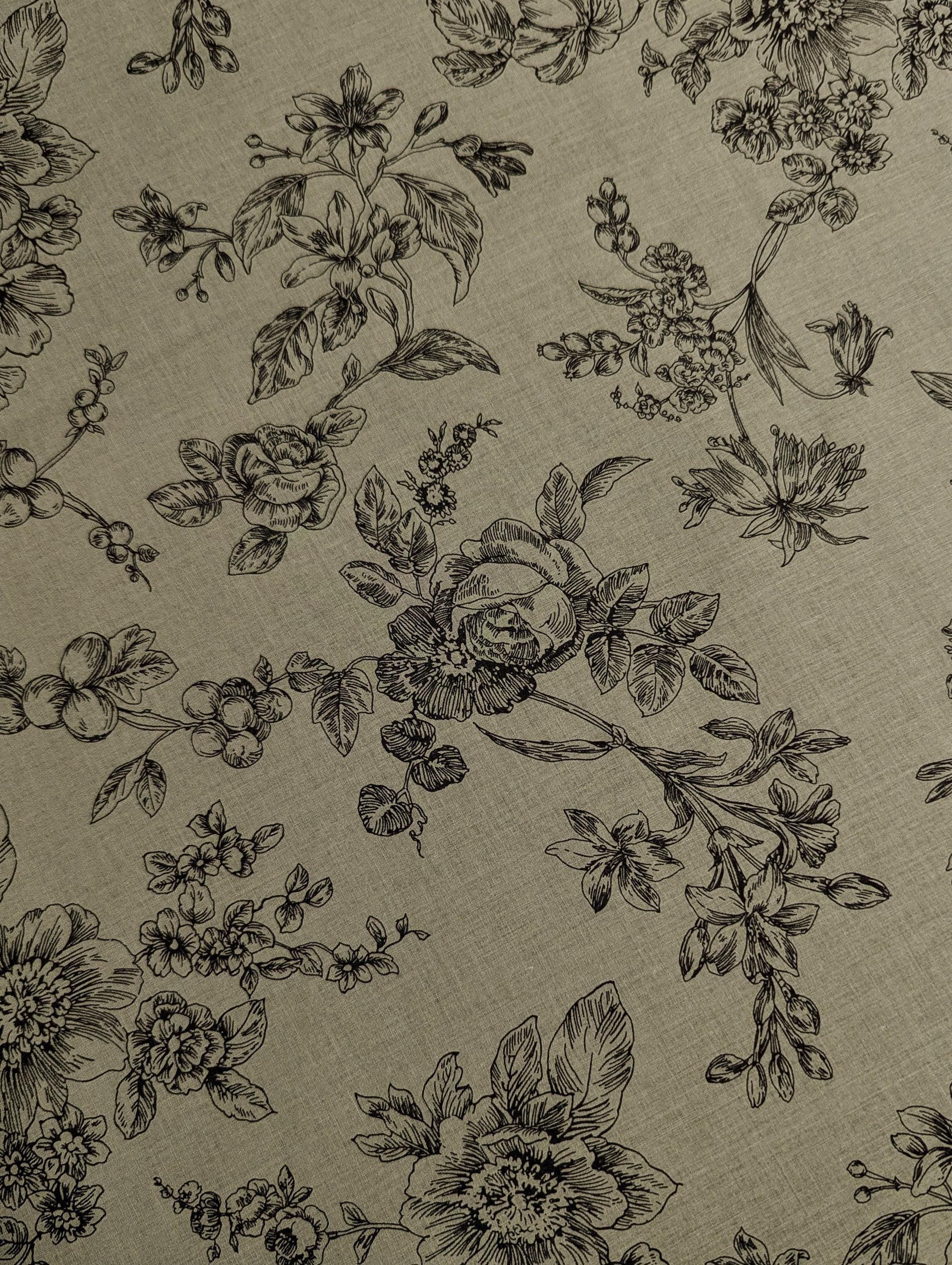 Hokkoh - Botanical Sketch Organic Cotton Lawn - Green and Black