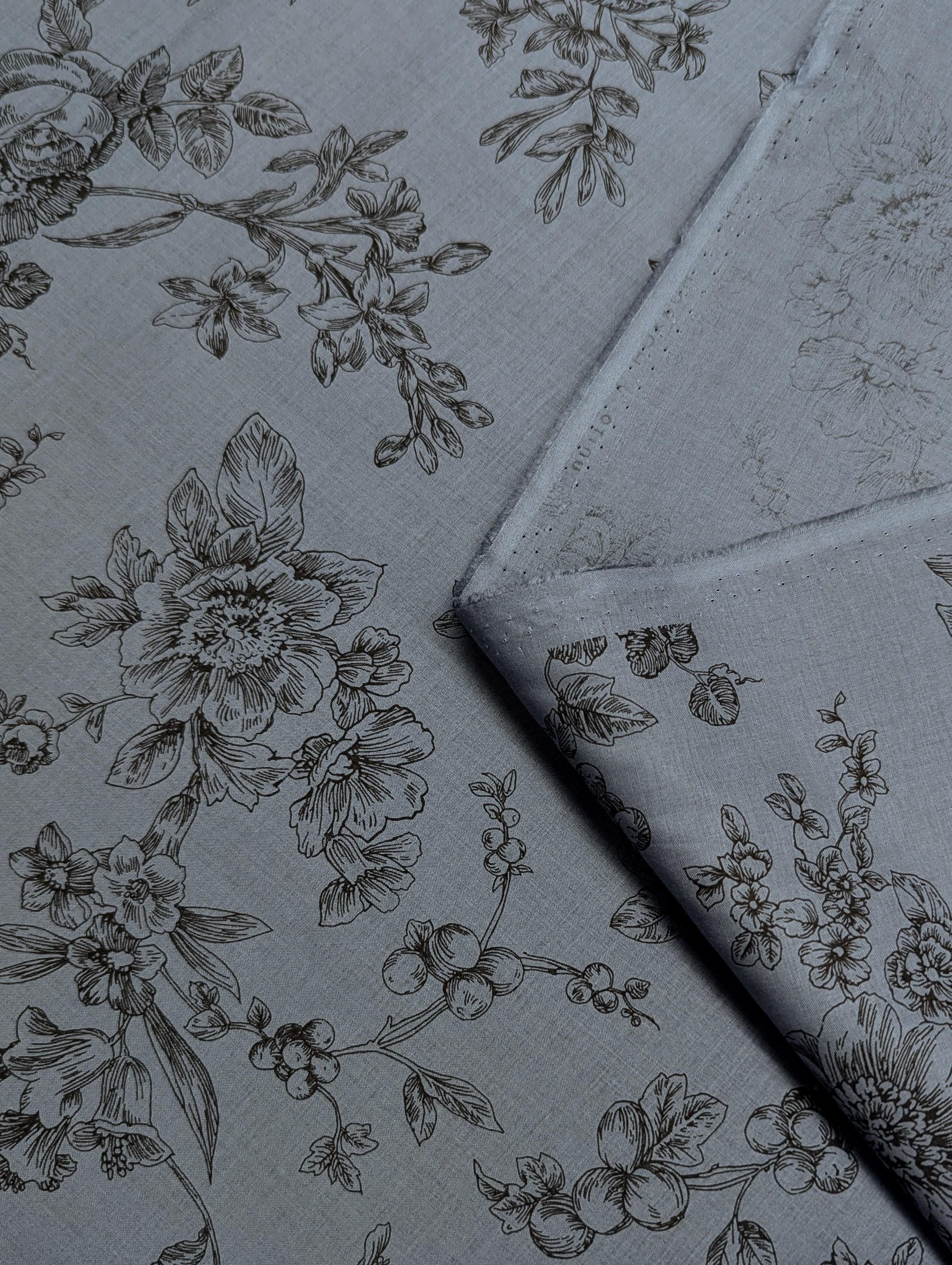 Hokkoh - Botanical Sketch Organic Cotton Lawn - Blue and Black