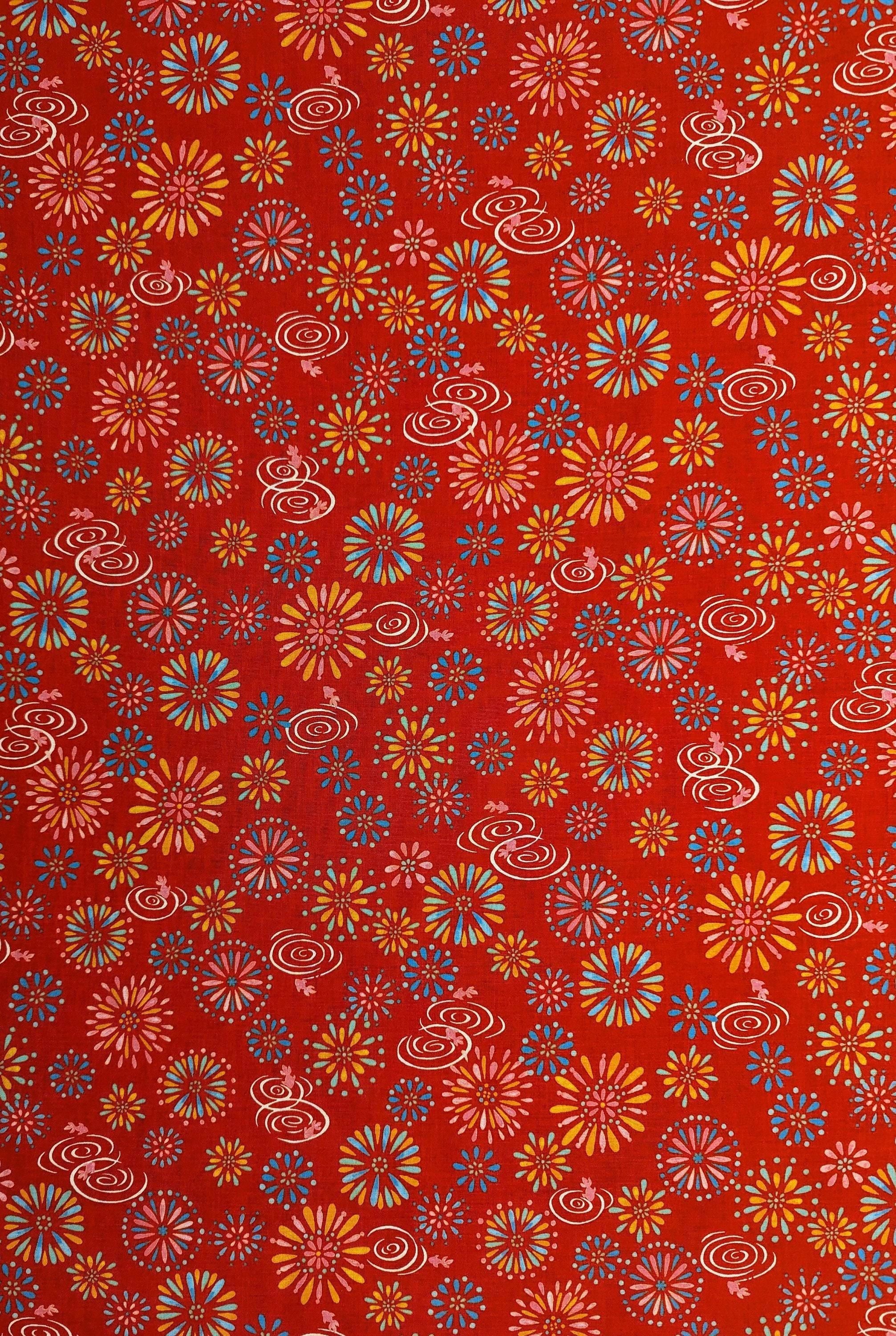Sevenberry - Fireworks and Koi Cotton Fabric - Red