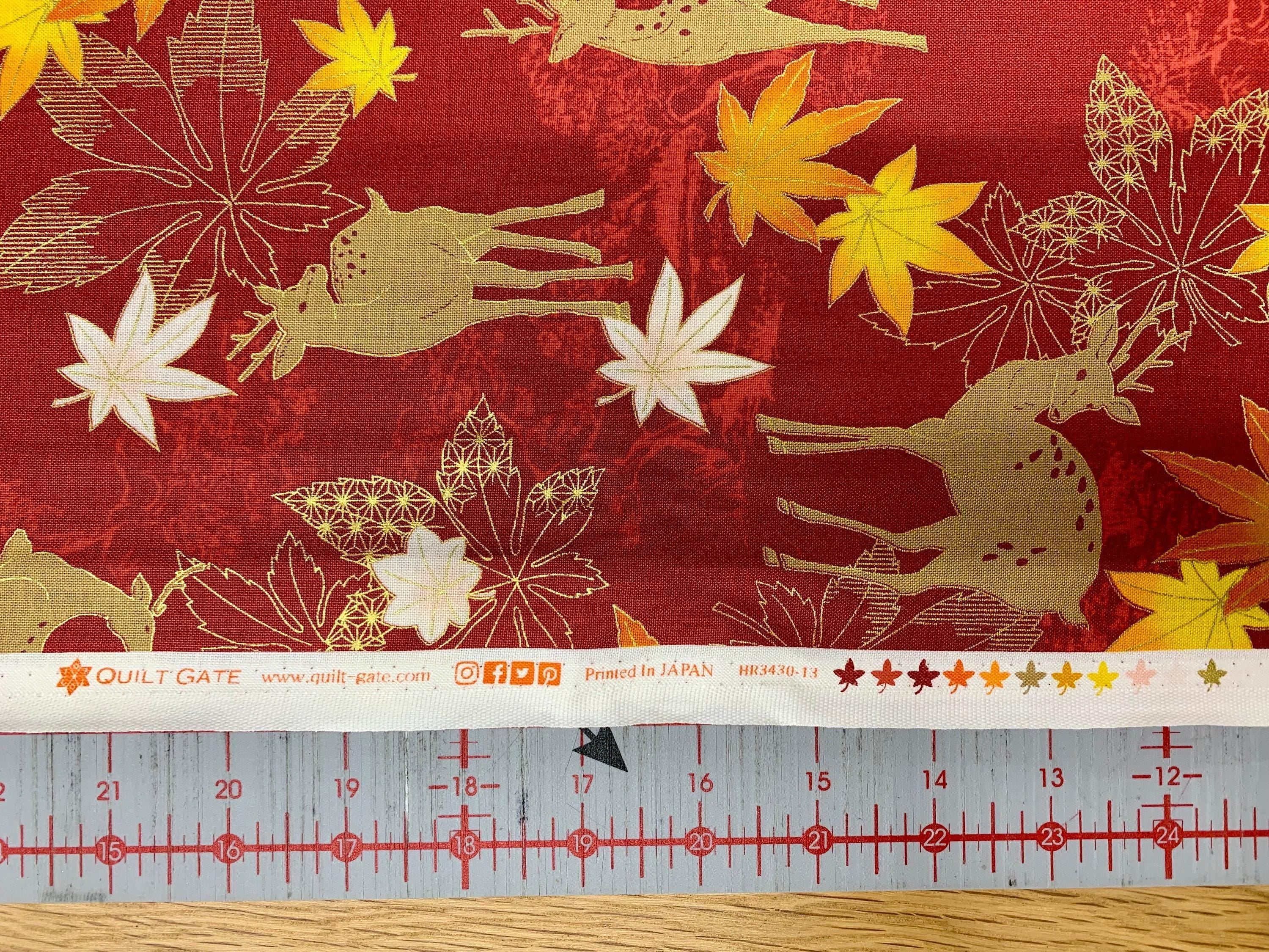 QuiltGate - Hyakka Ryoran Deer and Maple Leaf Cotton Fabric - Red Orange Yellow Gold