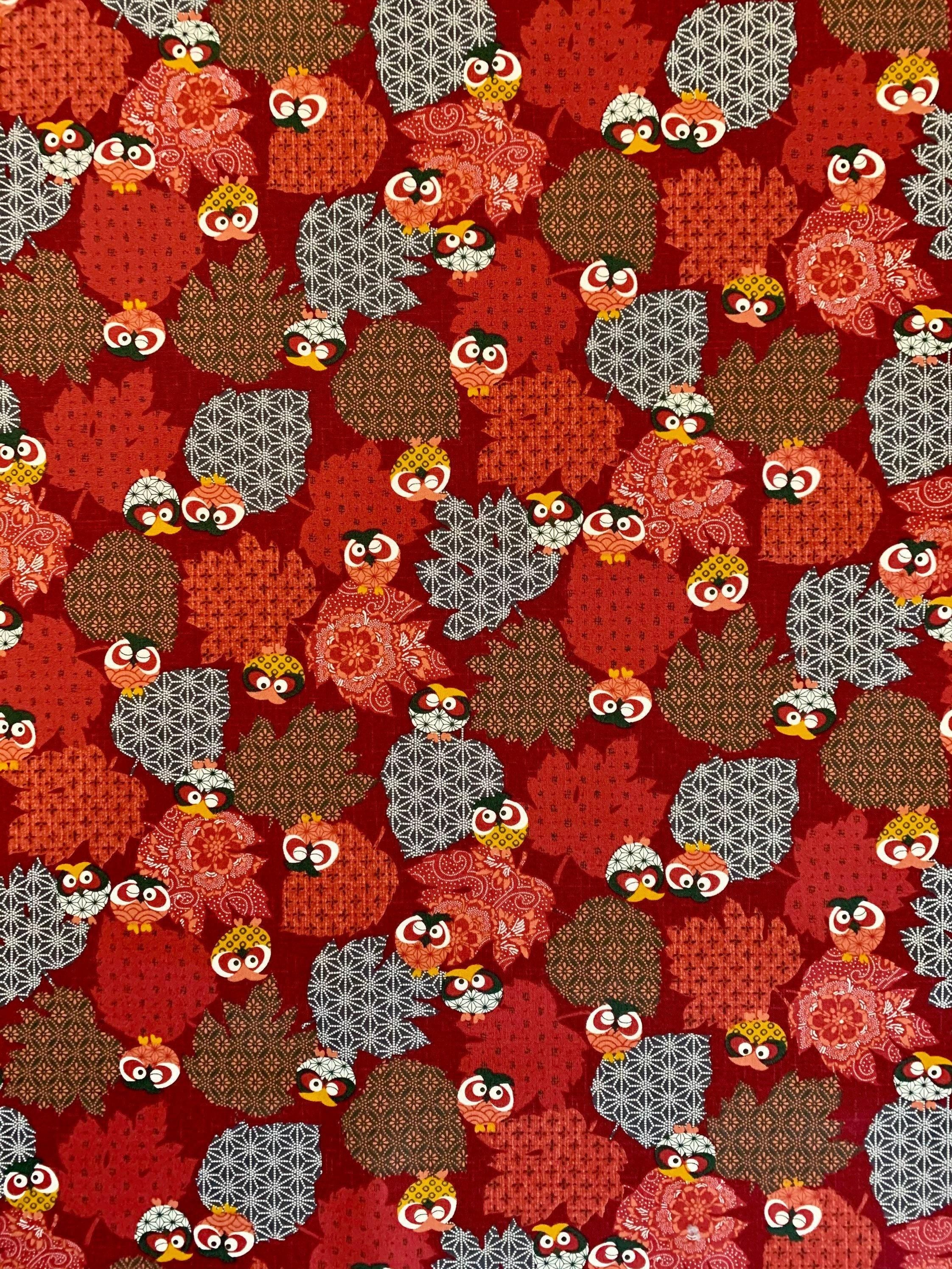 Orimono Imports - Owls and Leaves Cotton Fabric - Red