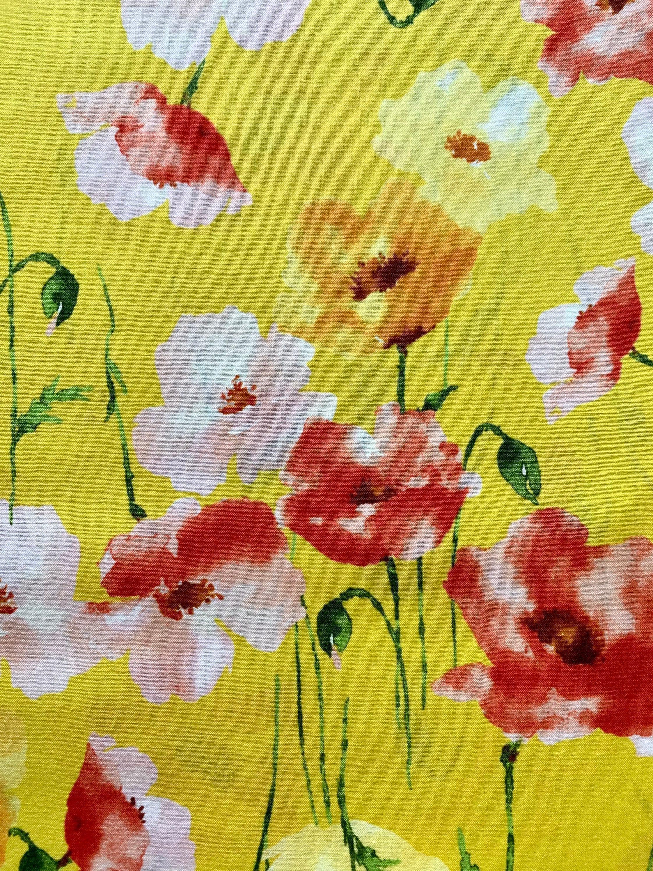 Kokka - Watercolor Poppies Cotton Lawn - Yellow Pink
