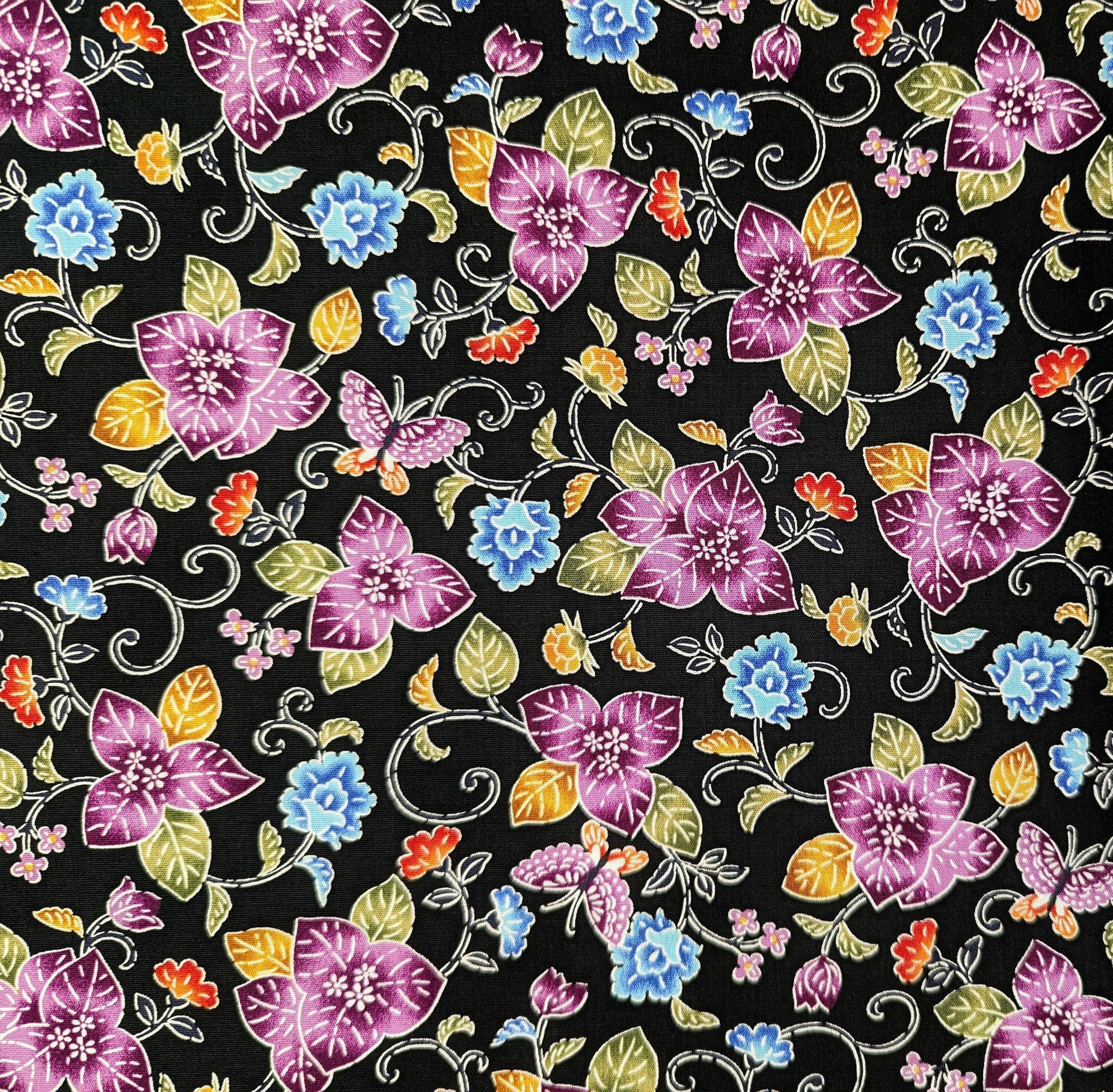 Cosmo - Tropical Bingata Flowers Cotton - Black
