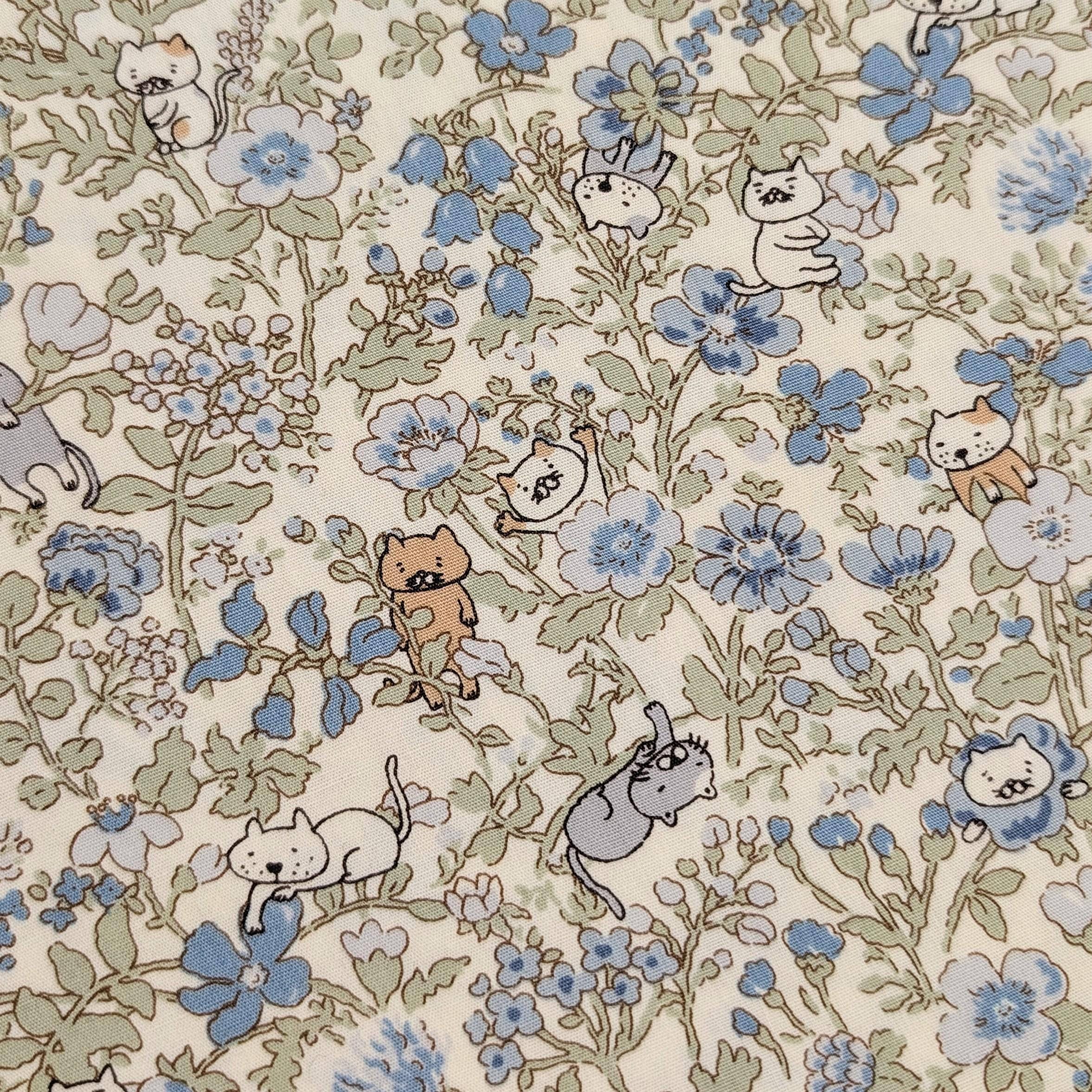 Spring Meadow Cats Kobayashi Japanese cotton fabric KTS-7075 B blue