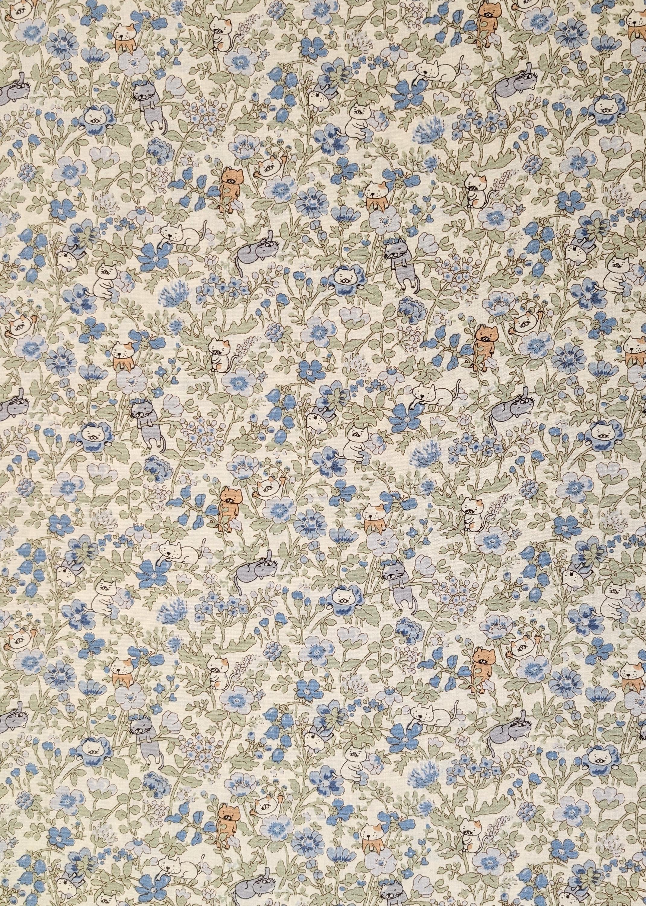 Spring Meadow Cats Kobayashi Japanese cotton fabric KTS-7075 B blue