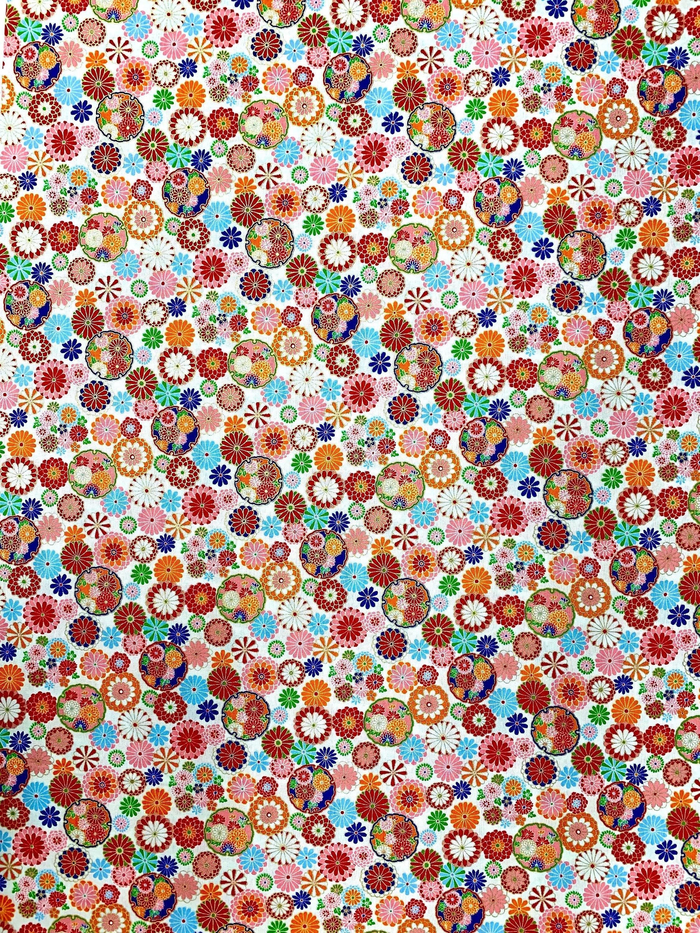 Senyo - Golden Flower Story Chrysanthemums Cotton Fabric - Pink Orange White