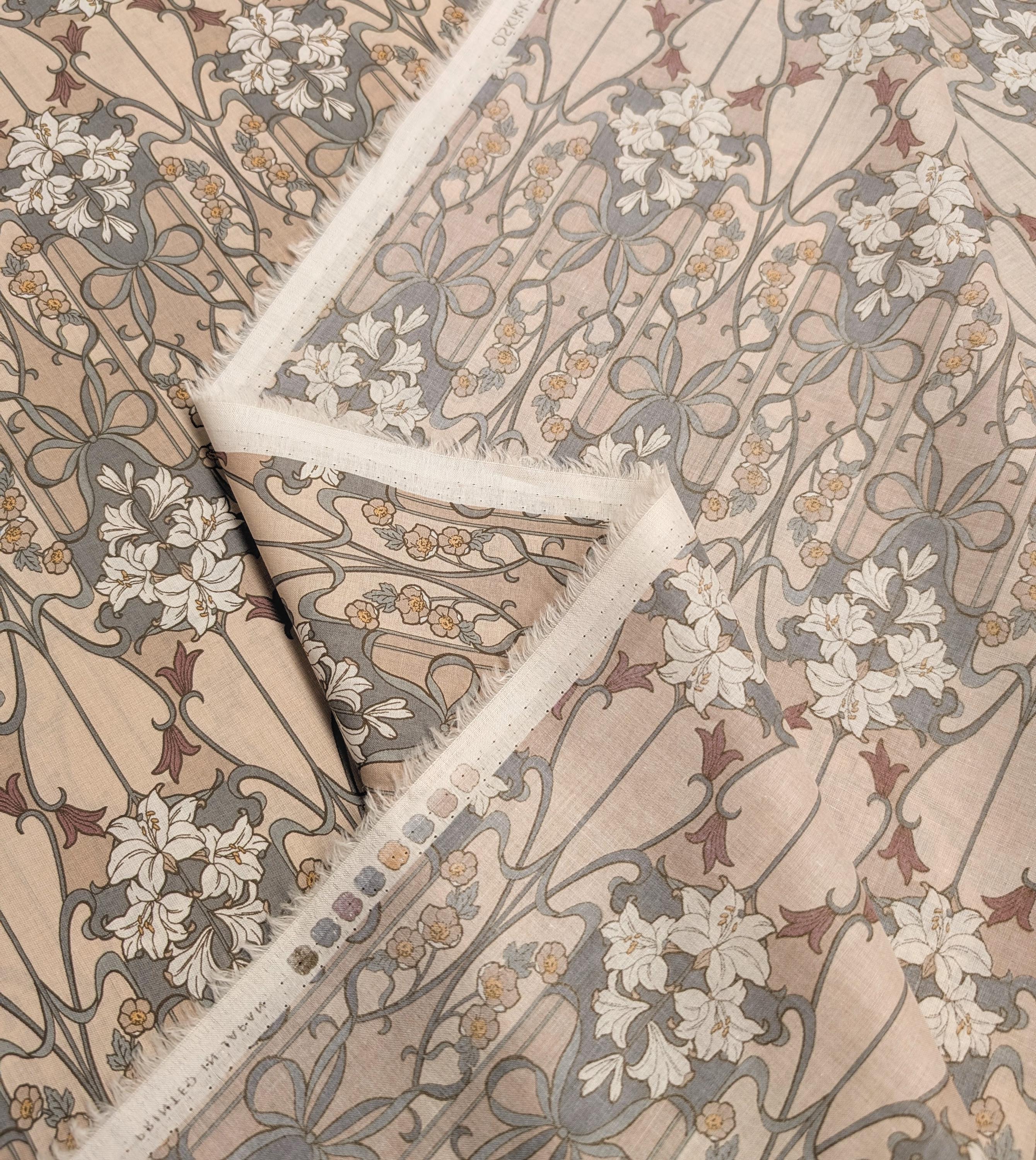 Hokkoh - Nouveau Flower Filigree Cotton Lawn - Light Brown and Beige