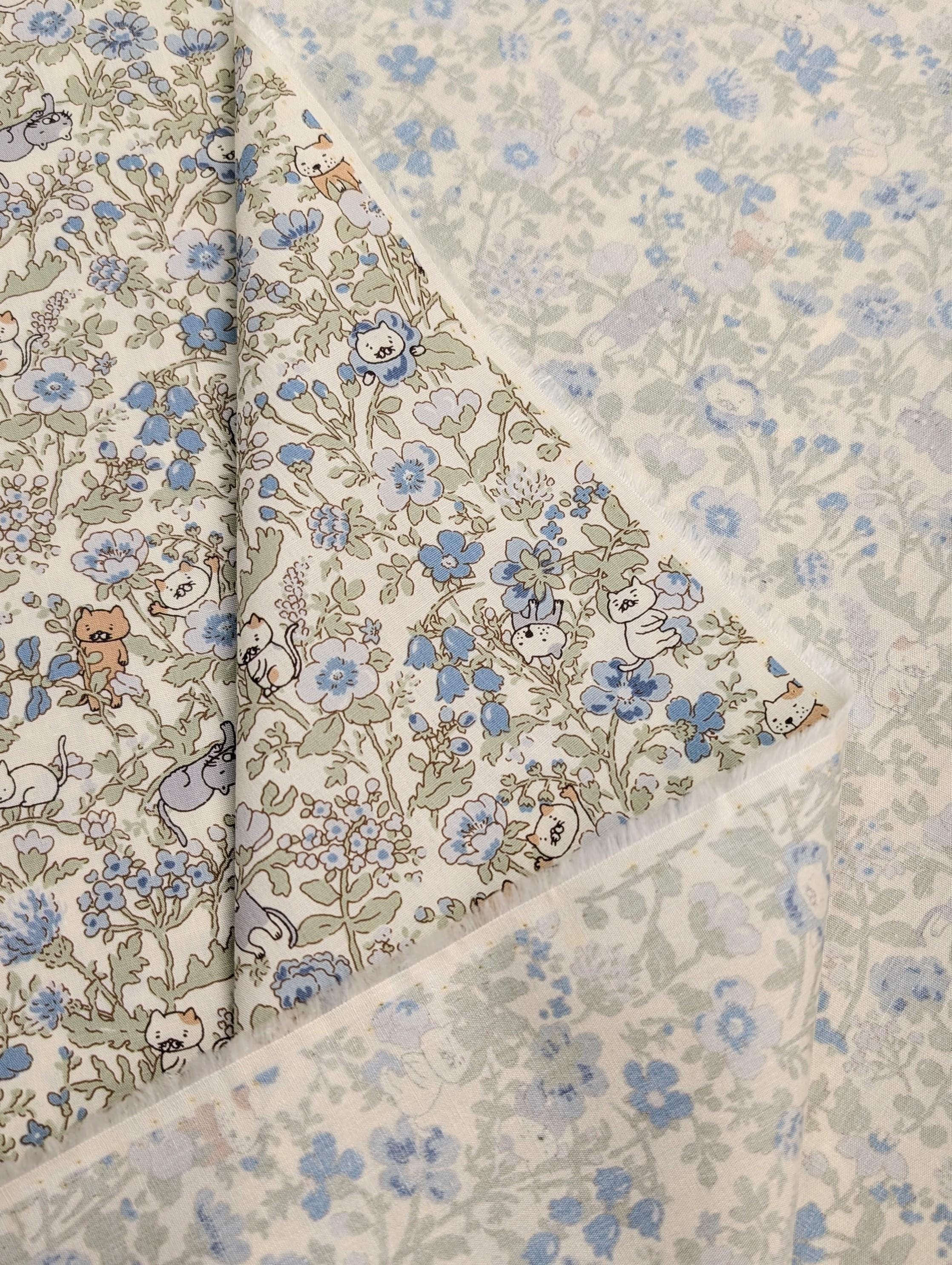 Spring Meadow Cats Kobayashi Japanese cotton fabric KTS-7075 B blue