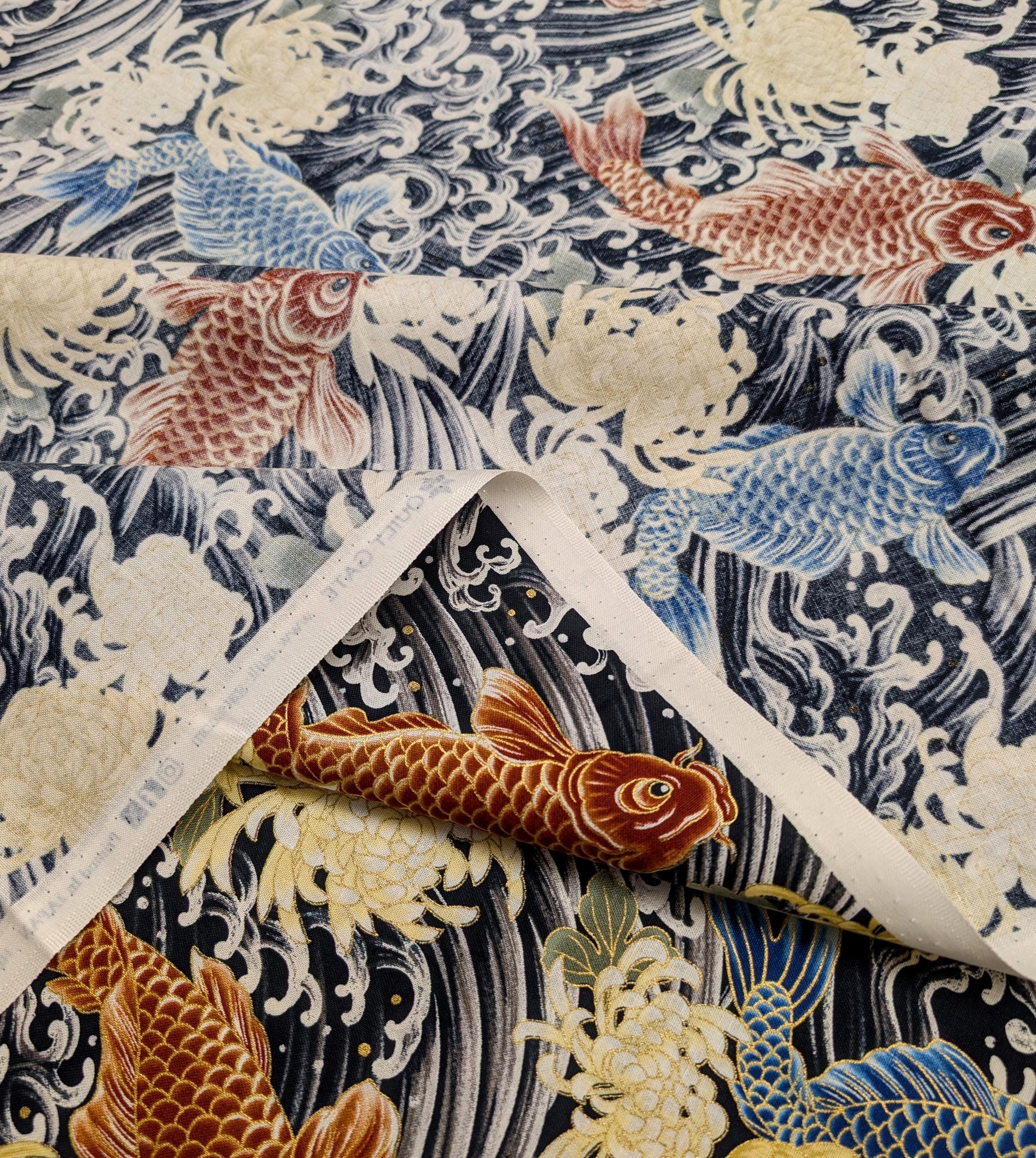 QuiltGate - Hyakka Ryoran Koi and Chrysanthemum Cotton Fabric - Black