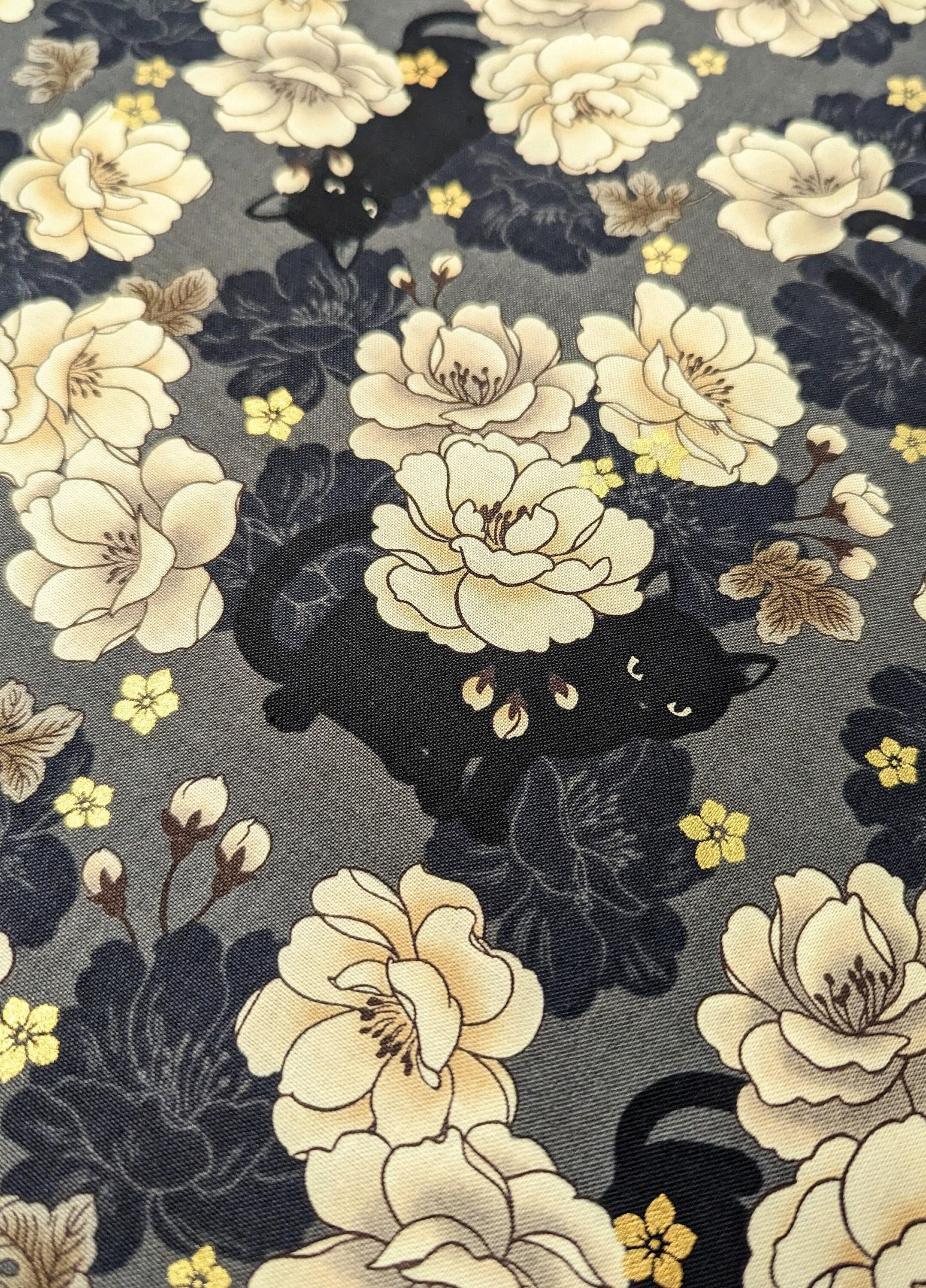QuiltGate - Hyakka Ryoran Blossoming Cats Cotton Fabric - Gray