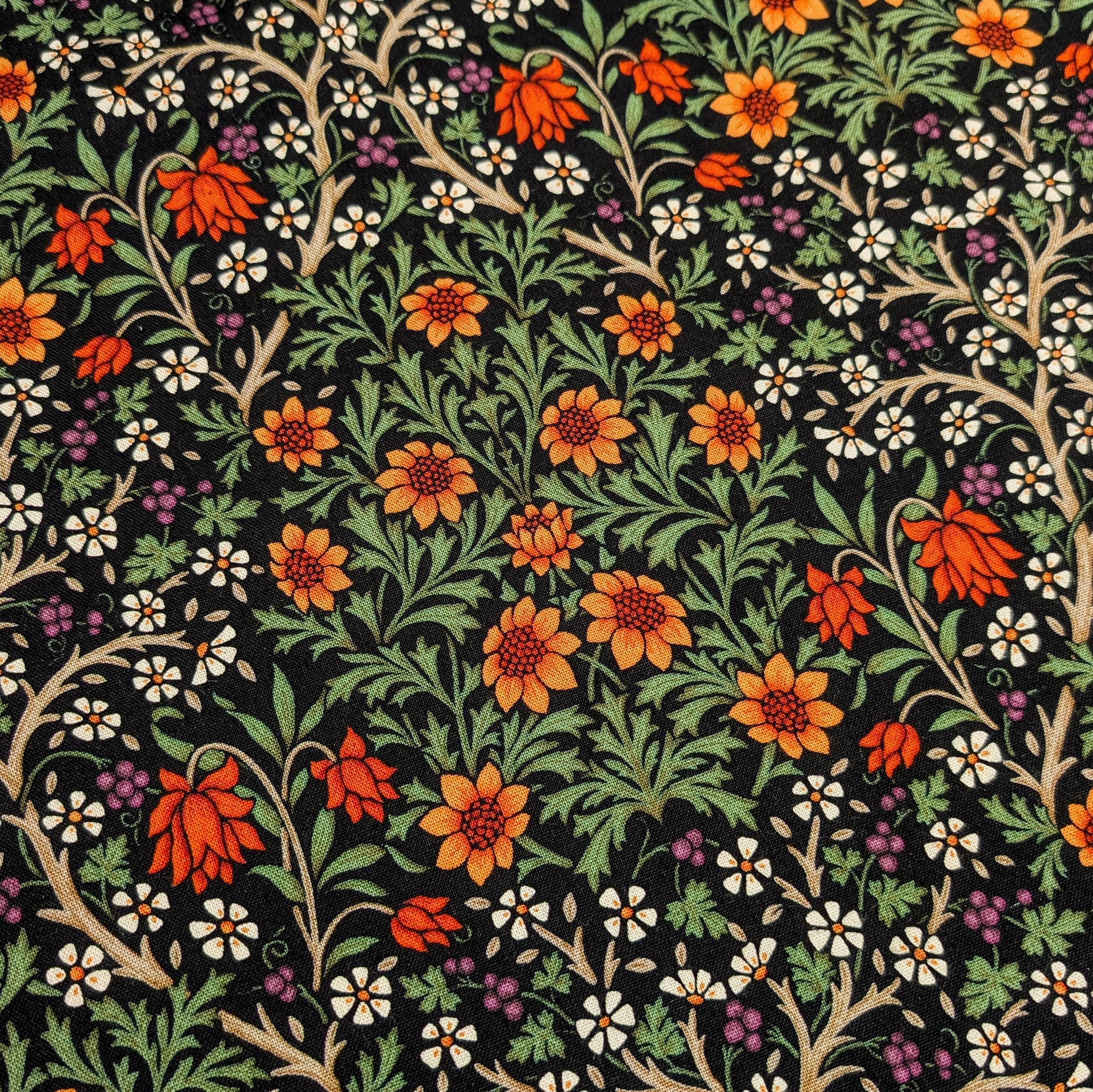 Morris Flower Fields Kobayashi Japanese cotton oxford canvas fabric KTS-6994 B black & green