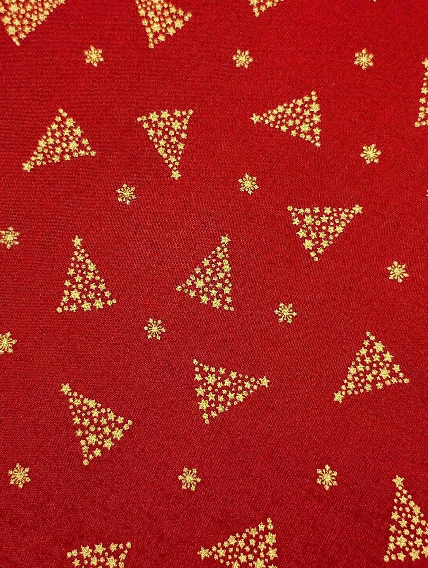 Hishiei - Golden Holiday Trees Cotton Fabric - Red