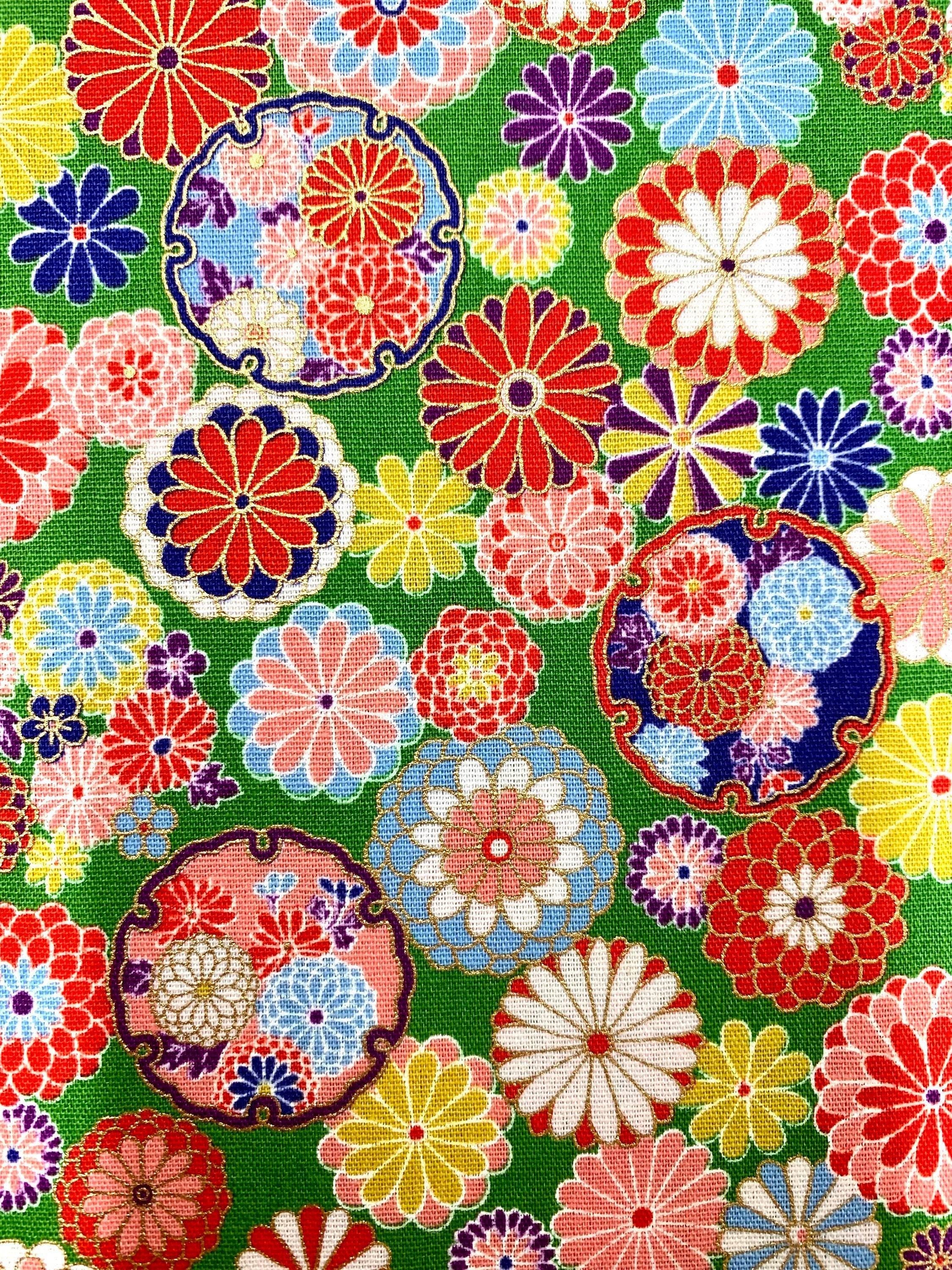 Senyo - Golden Flower Story Chrysanthemums Cotton Fabric - Green Red Blue