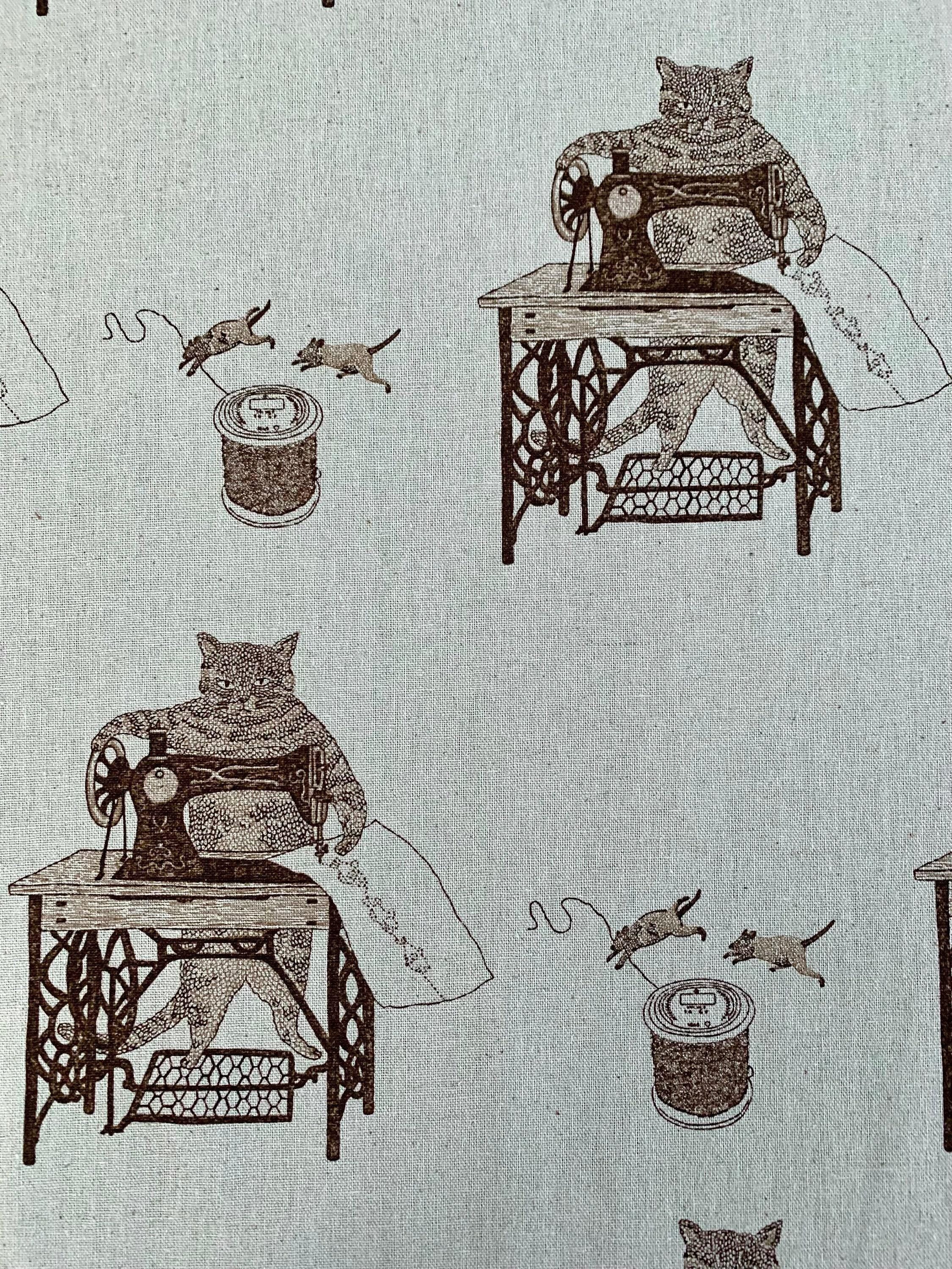 Koizumi - Purr-Fect Stitches Cats with Sewing Machines Cotton/Linen Canvas - Blue Brown
