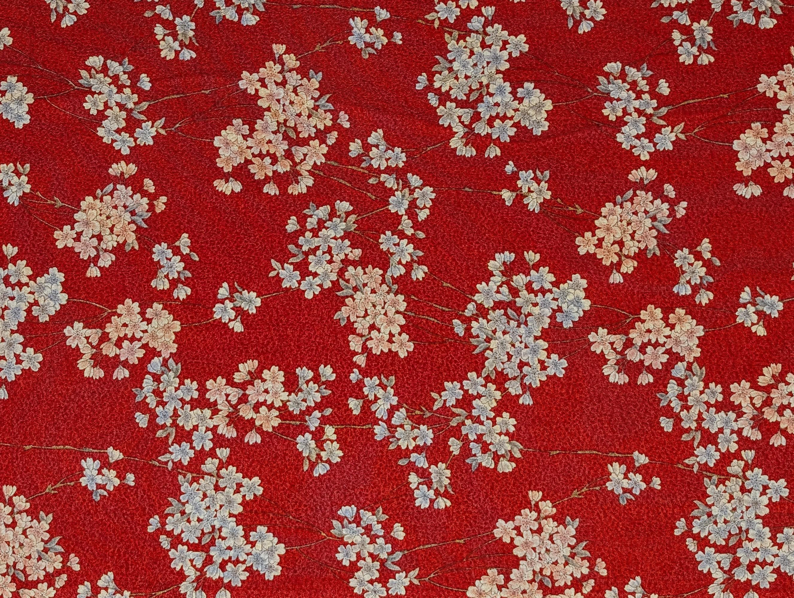 Sakura Flowers & Branches Asano Japanese crepe cotton fabric 0606-66 A red