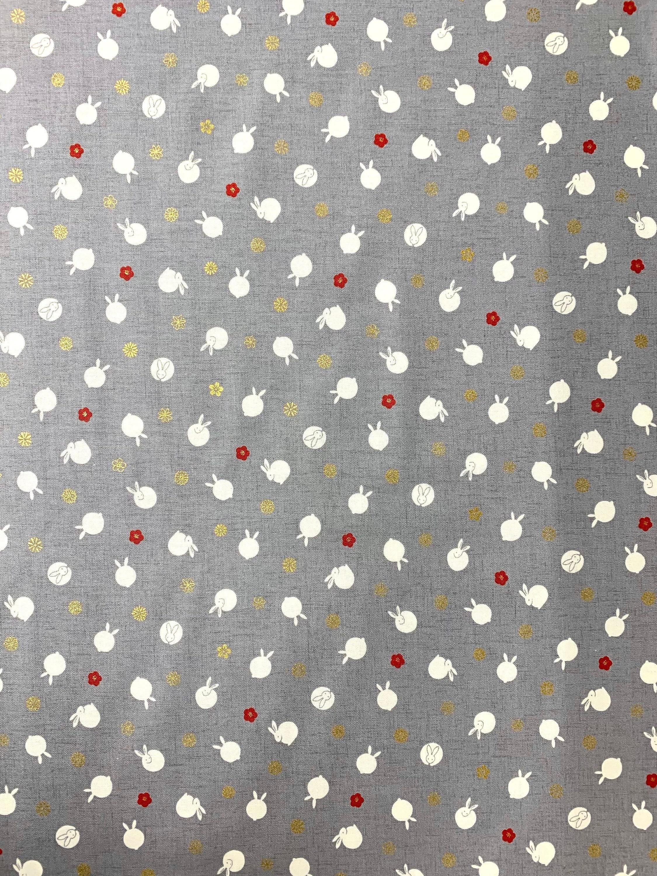 QuiltGate - Hyakka Ryoran Tiny Rabbits Cotton Fabric - Gray
