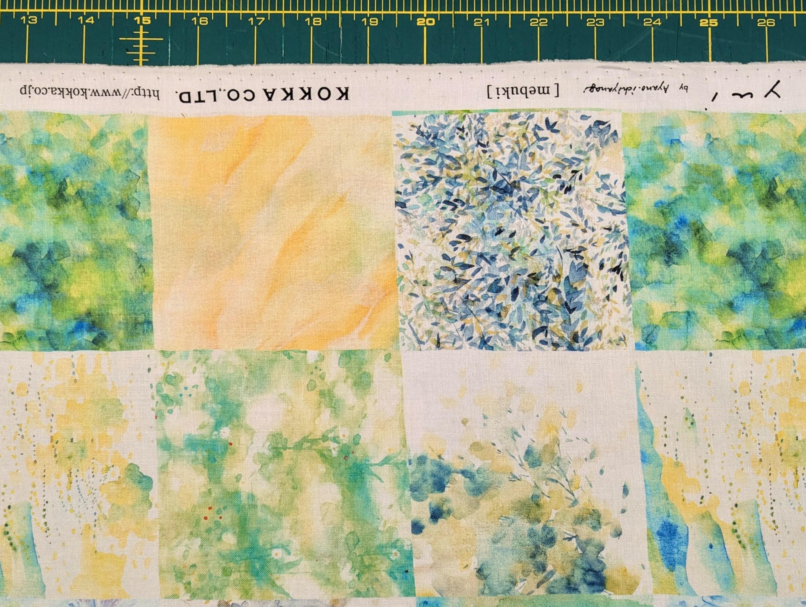 Kokka - Watercolor Flower Squares Cotton Fabric - Blue Green Yellow