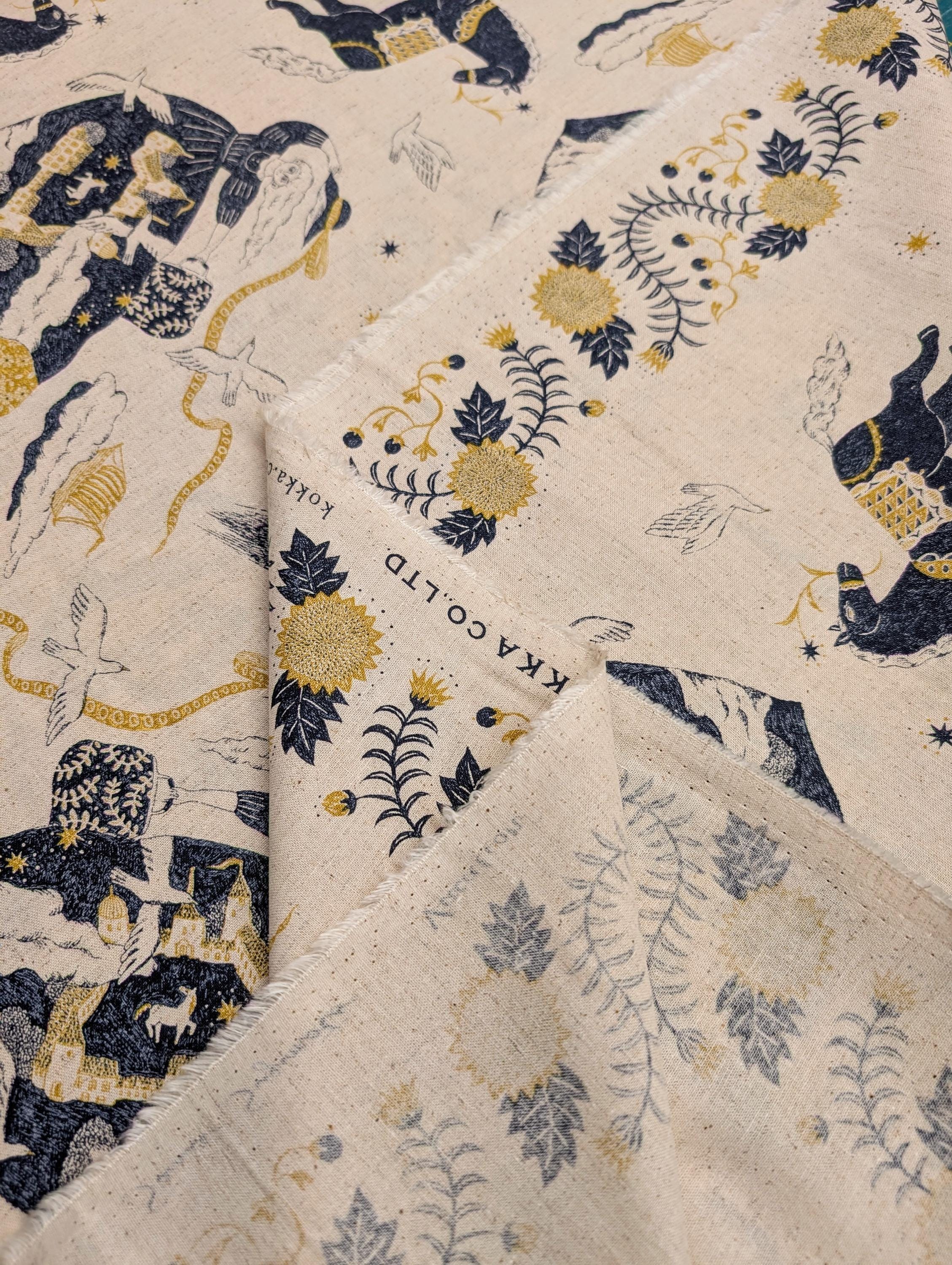 Kokka - Fantasy Vacation Border Print Cotton/Linen Fabric - Navy Yellow