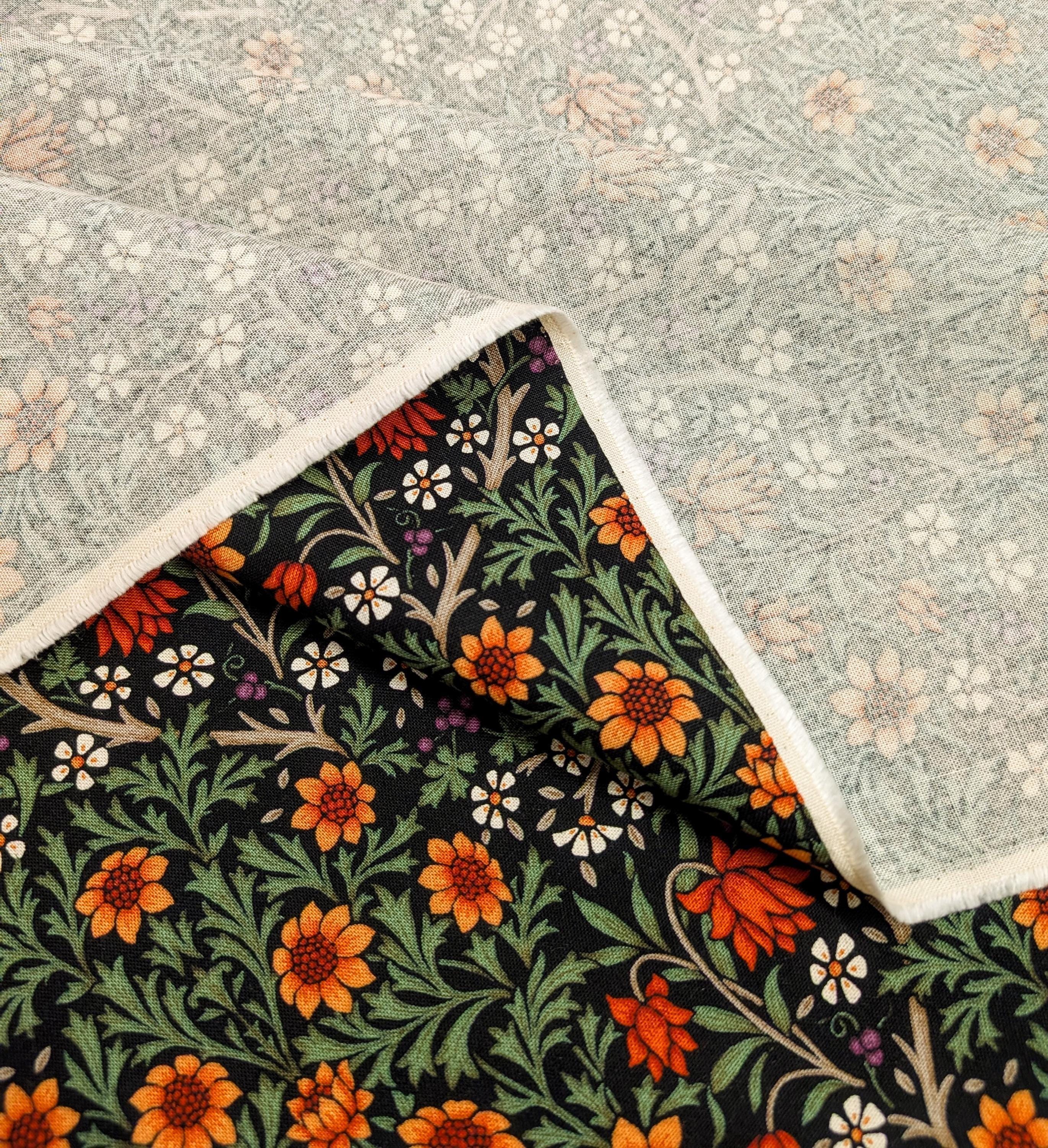 Morris Flower Fields Kobayashi Japanese cotton oxford canvas fabric KTS-6994 B black & green