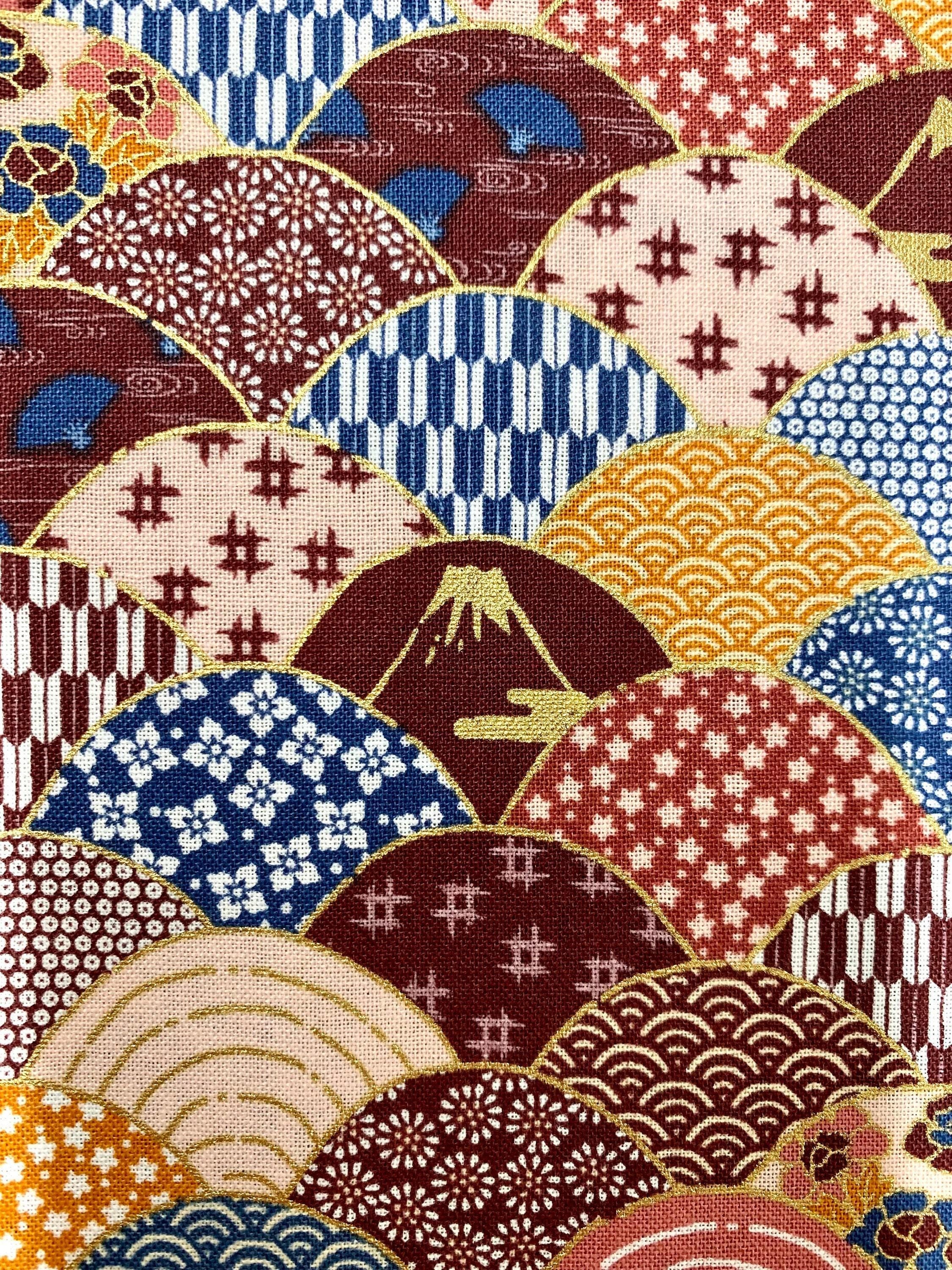 Mt. Fuji and Waves Japanese cotton fabric 2000-89C maroon blue pink gold