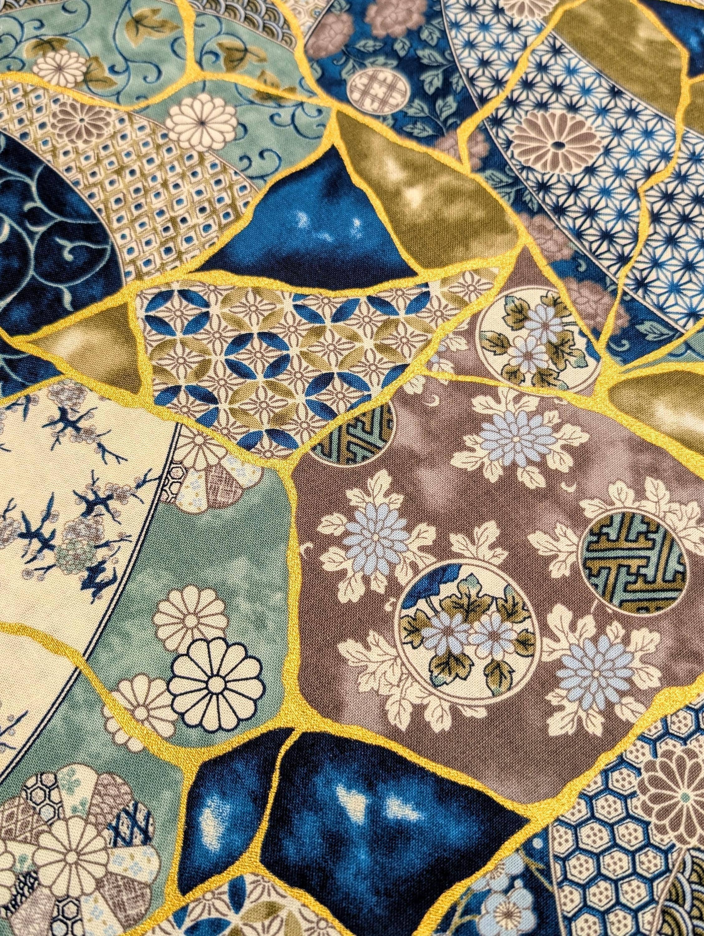 Senyo - Patterned Kintsugi Collage Cotton Fabric - Blue Gray White