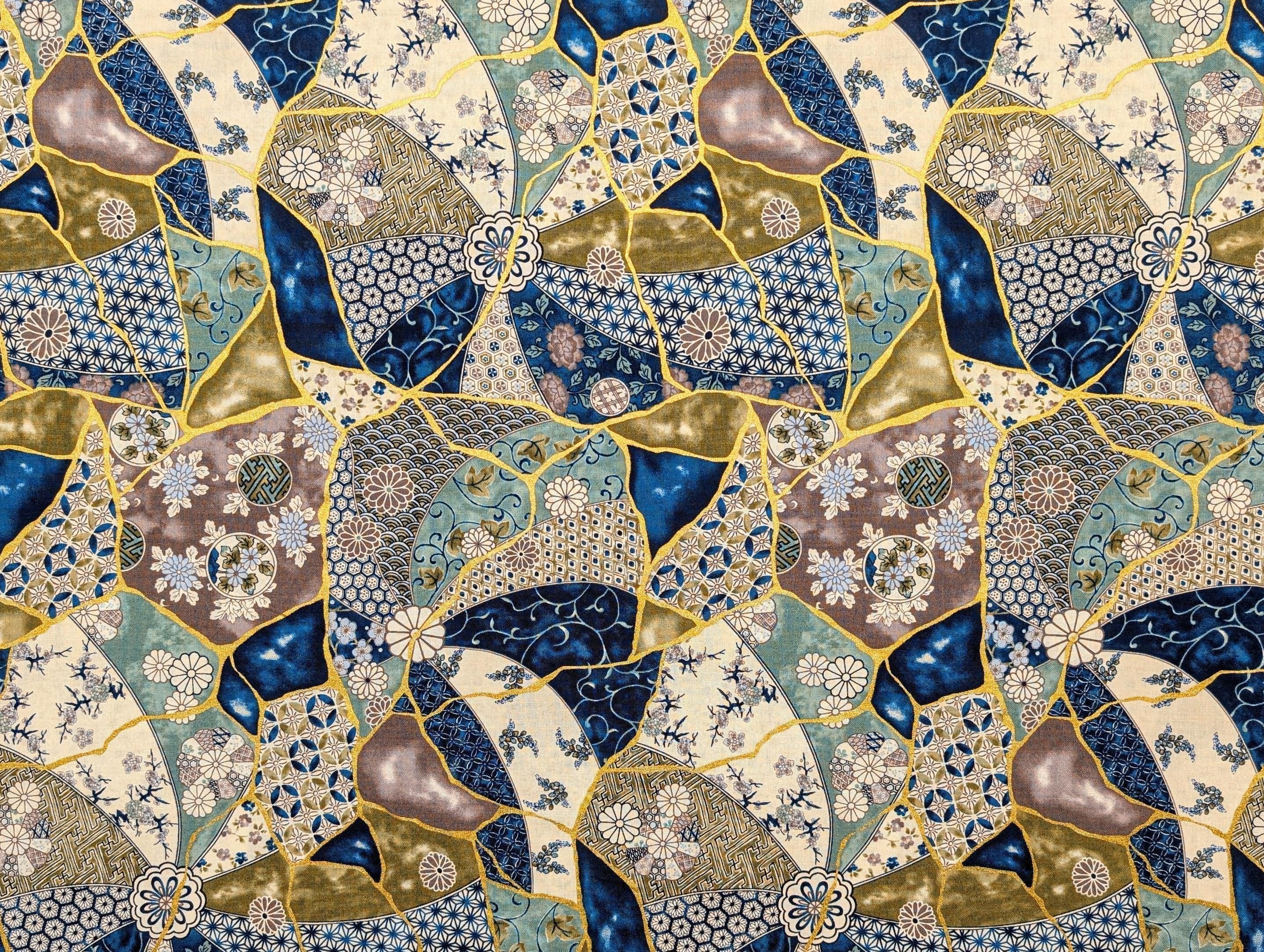 Senyo - Patterned Kintsugi Collage Cotton Fabric - Blue Gray White