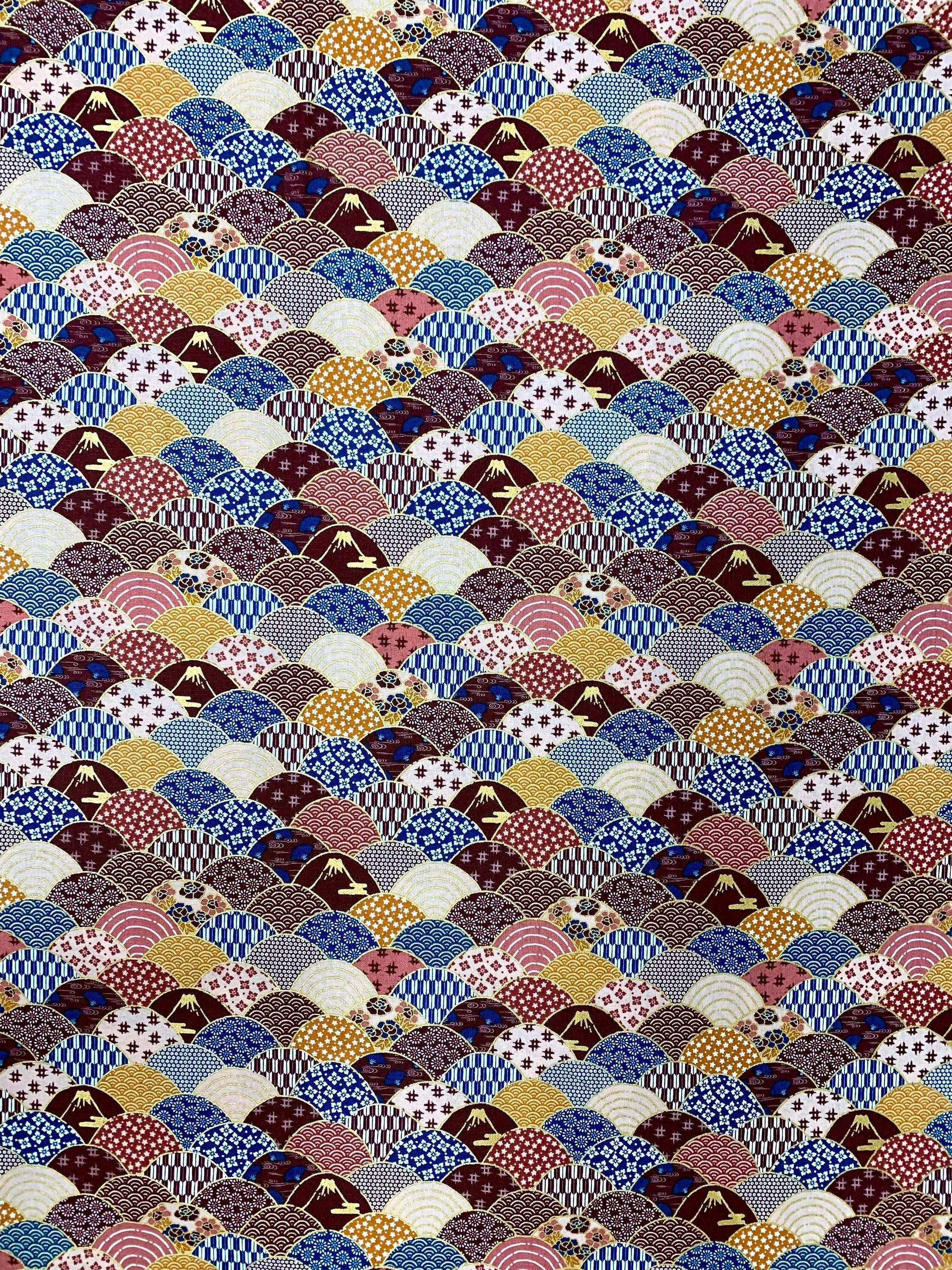 Mt. Fuji and Waves Japanese cotton fabric 2000-89C maroon blue pink gold