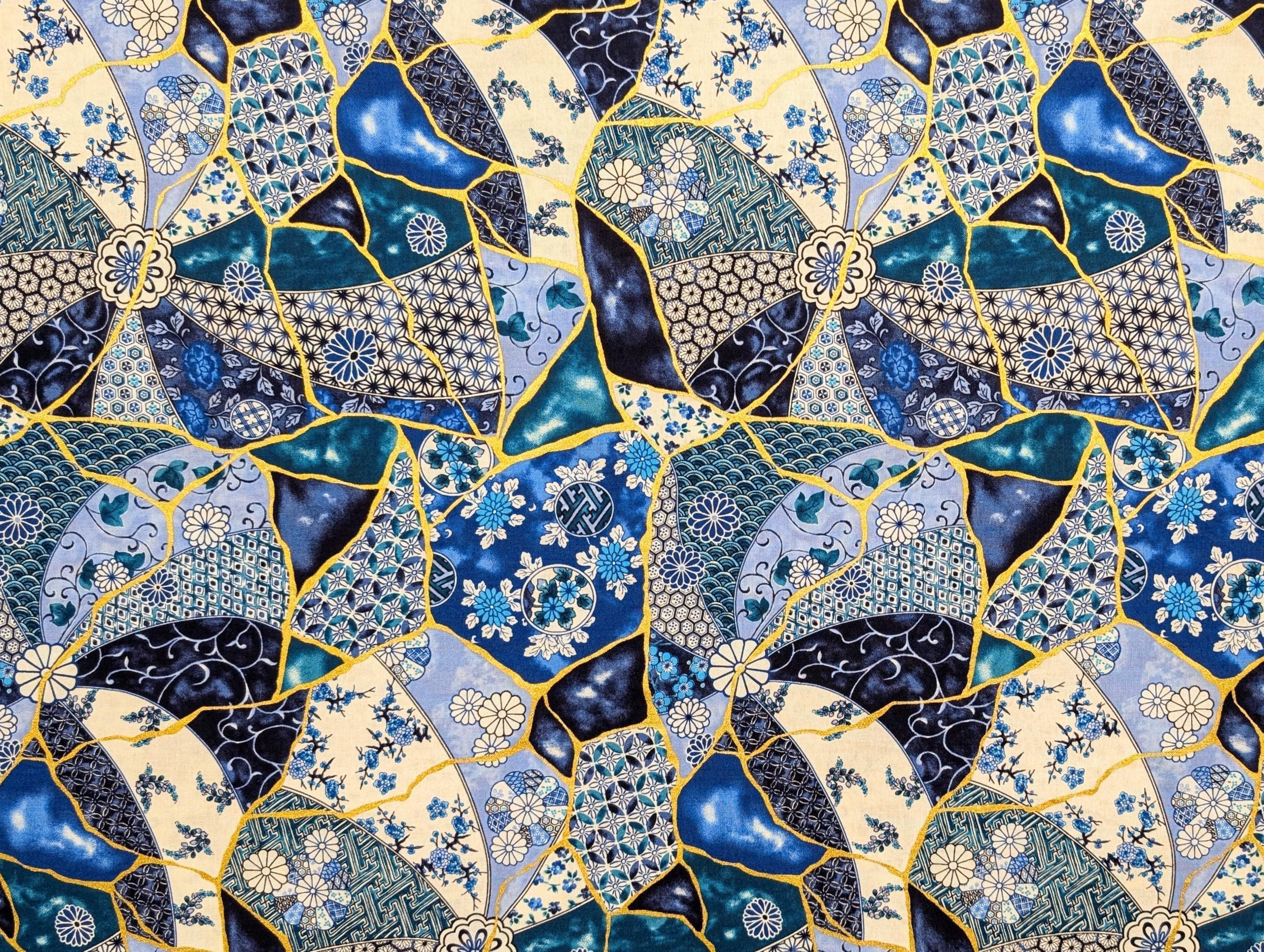 Senyo - Patterned Kintsugi Collage Cotton Fabric - Blue and White