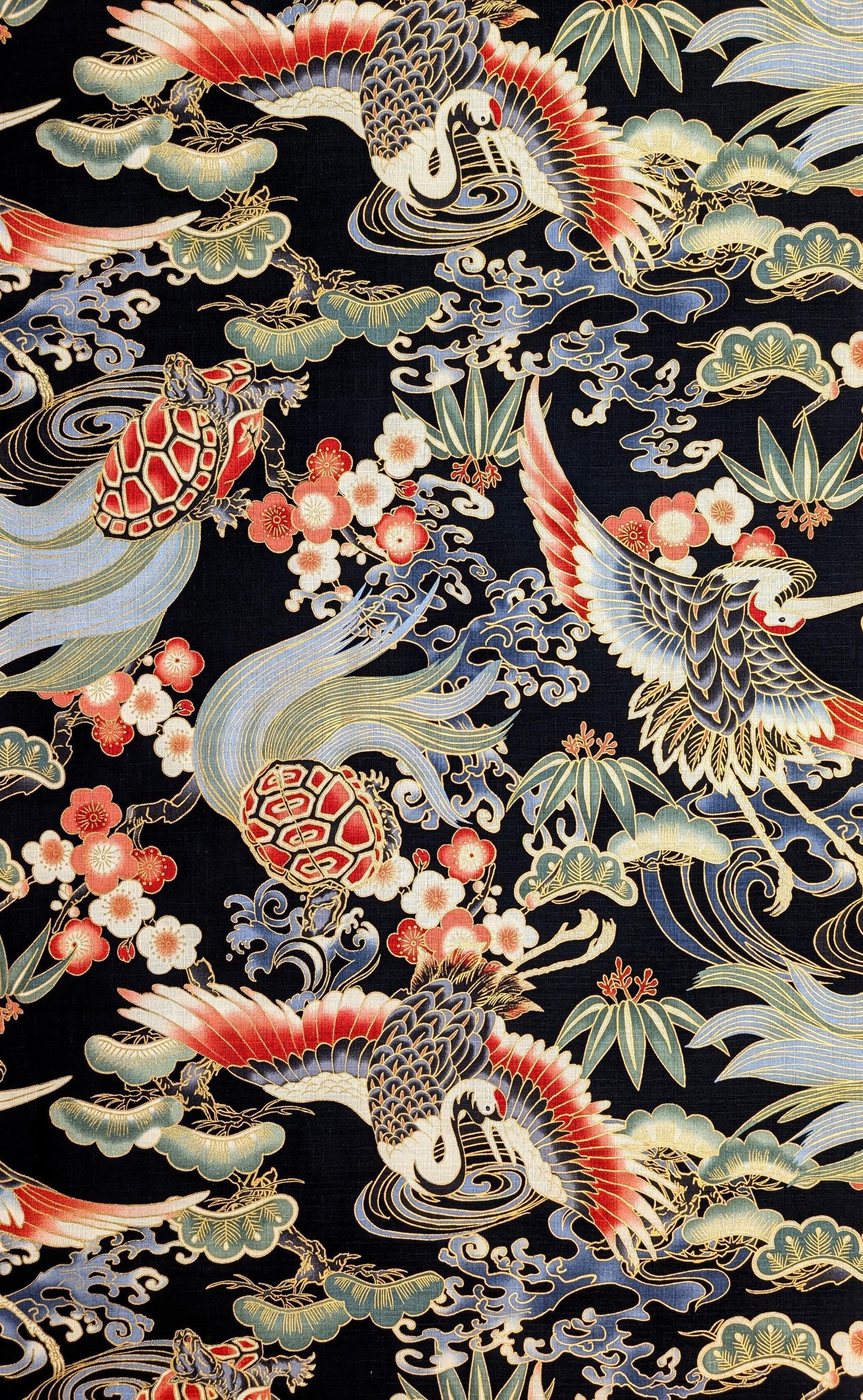 NEW Golden Crane & Minogame Hokkoh Japanese cotton dobby fabric 1025-100-5 E black