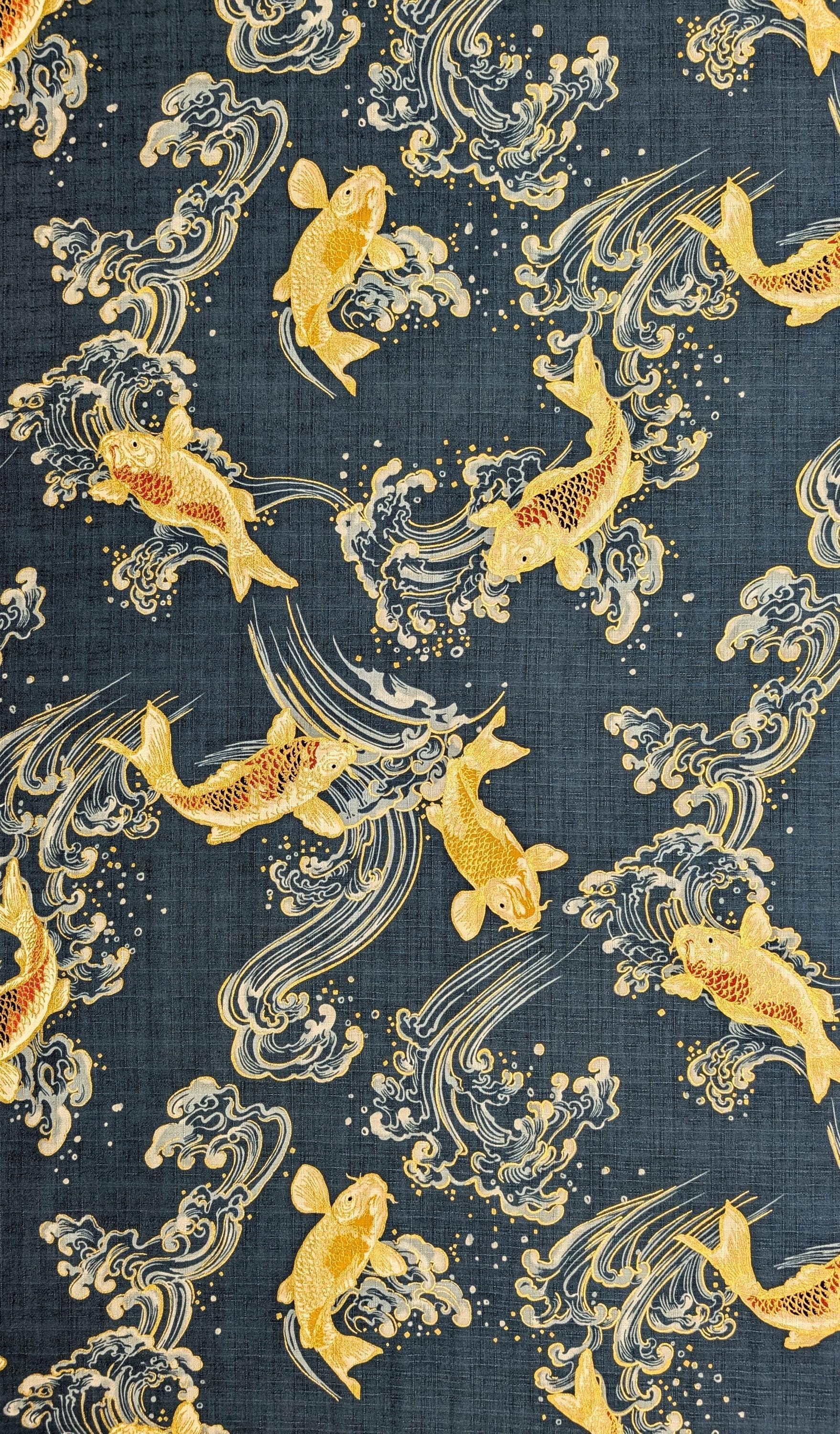 Swimming Golden Koi Hokkoh Japanese cotton dobby fabric 1025-100-2 C teal