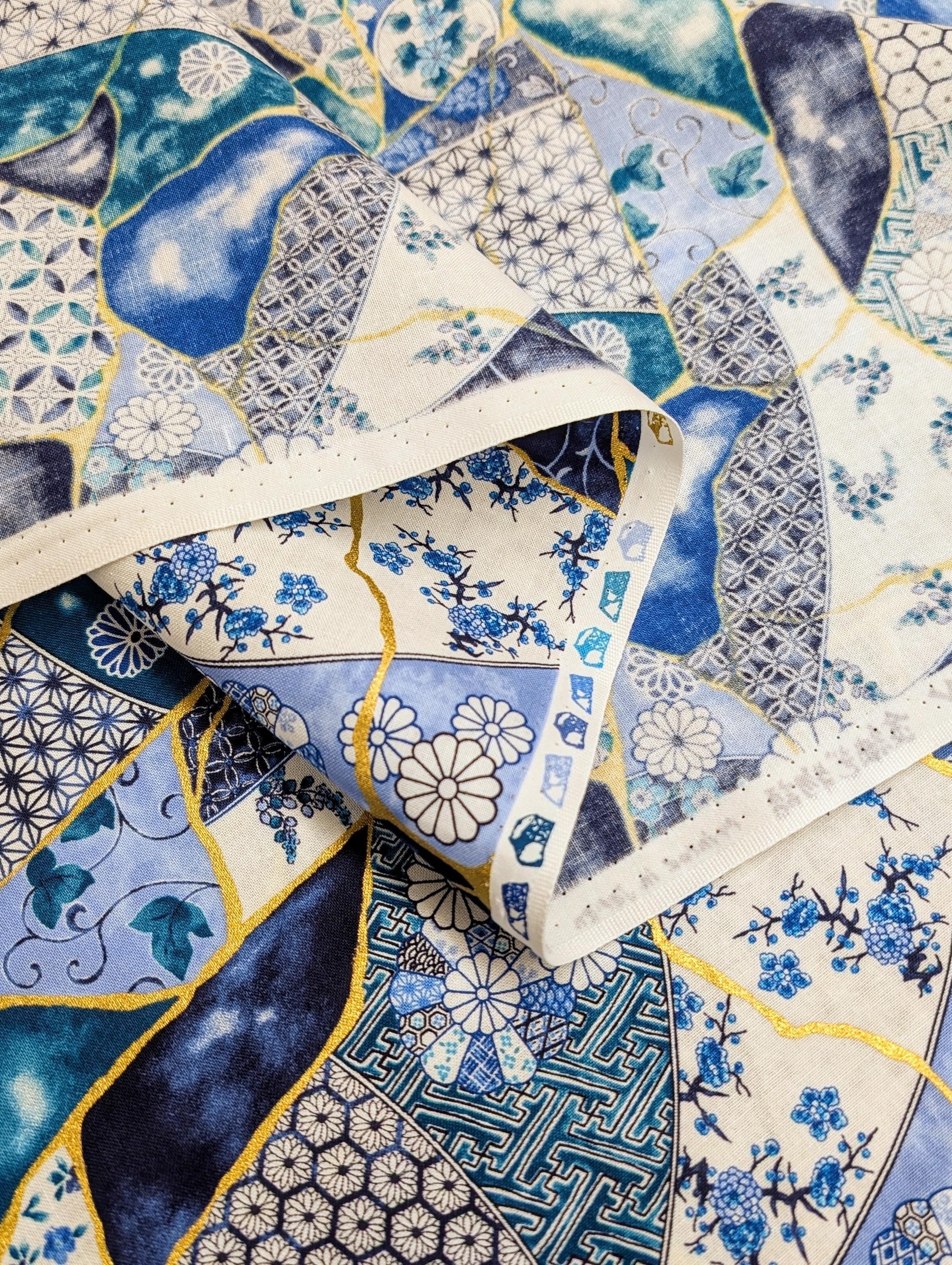 Senyo - Patterned Kintsugi Collage Cotton Fabric - Blue and White