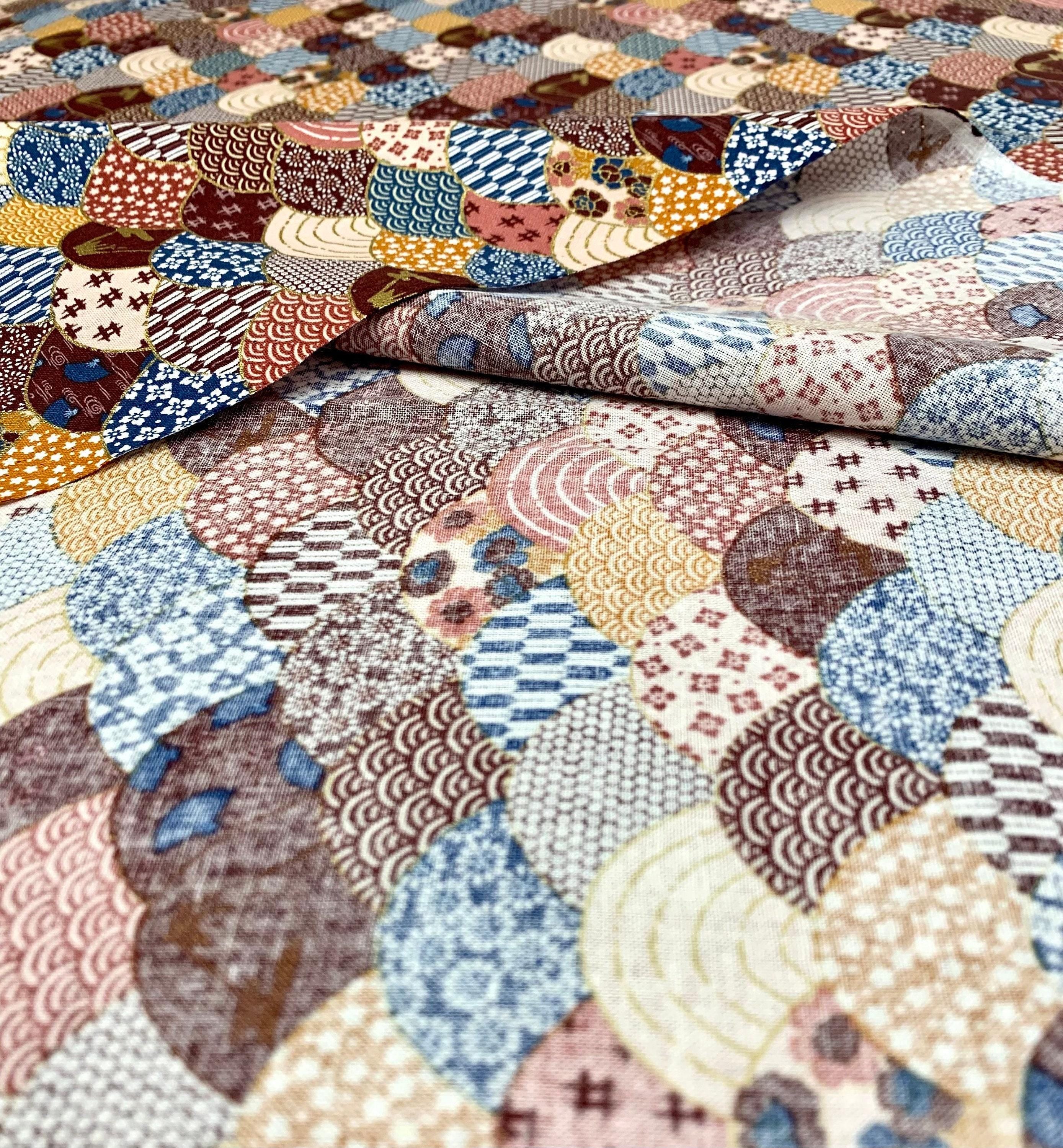 Mt. Fuji and Waves Japanese cotton fabric 2000-89C maroon blue pink gold